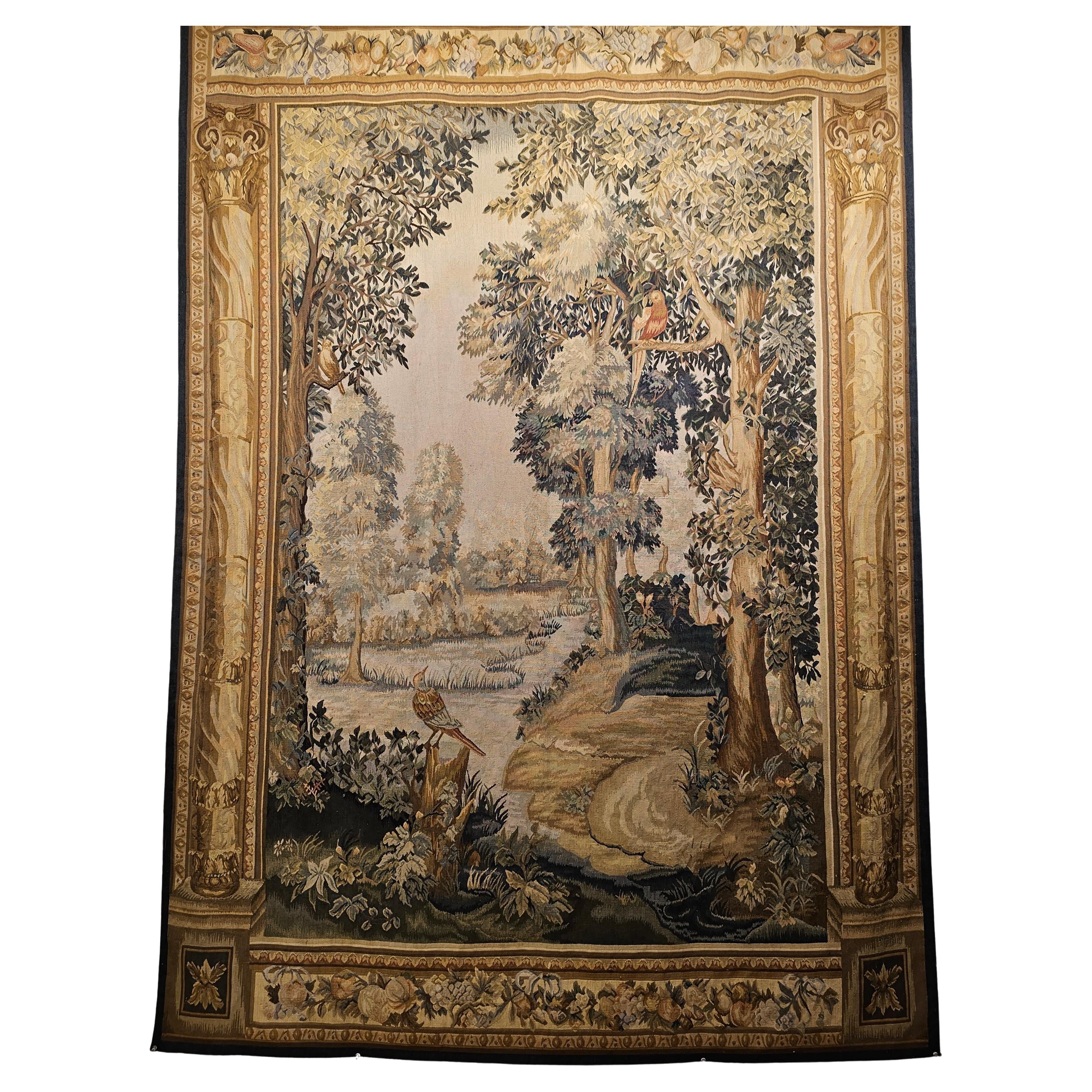 Vintage Hand-Woven French Aubusson Tapestry of Forest Scene with Birds in Trees For Sale