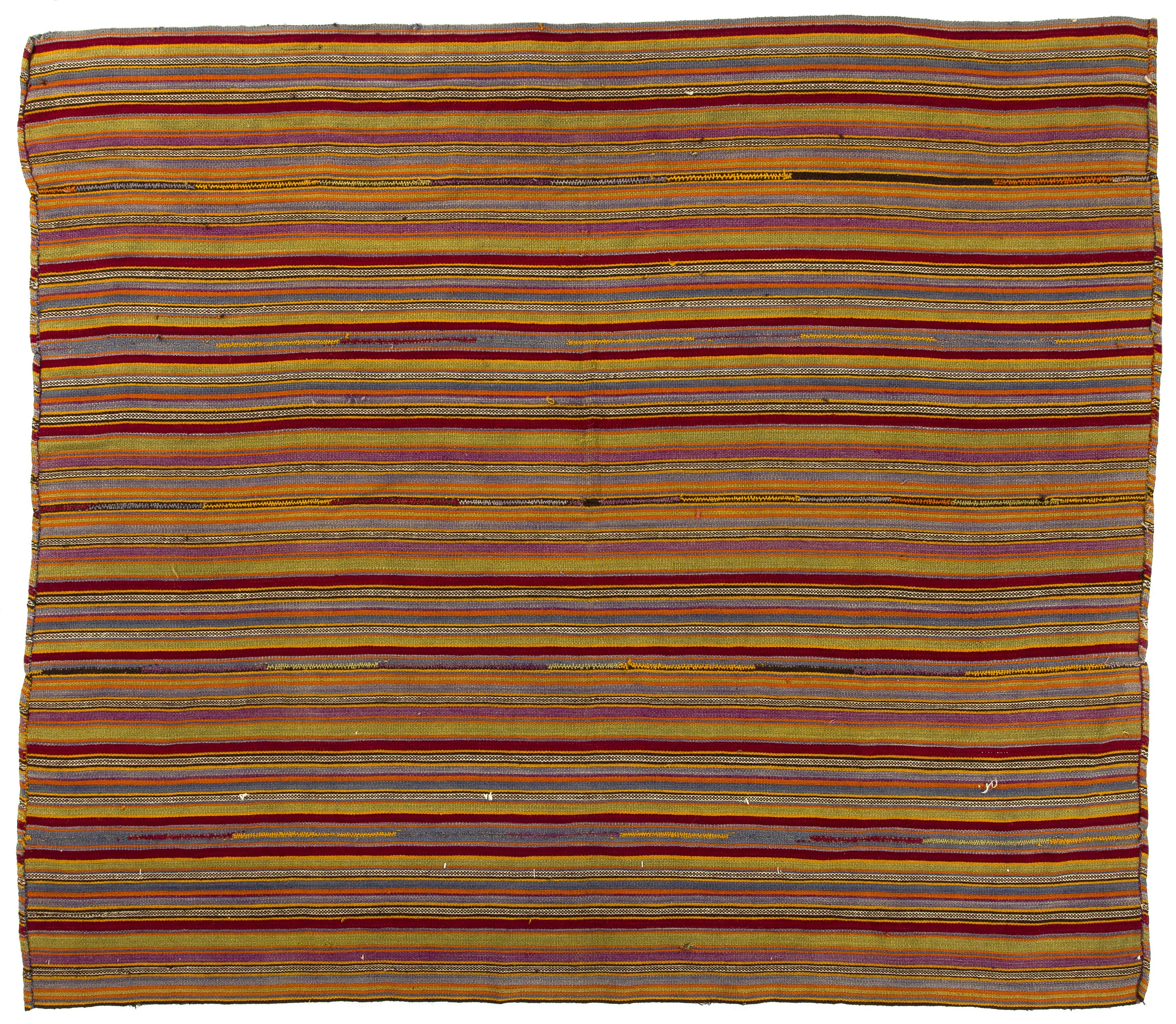 20th Century 6.2x7.2 Ft Vintage Hand-Woven Kilim. Wool Flat-Weave Rug with Vertical Bands For Sale