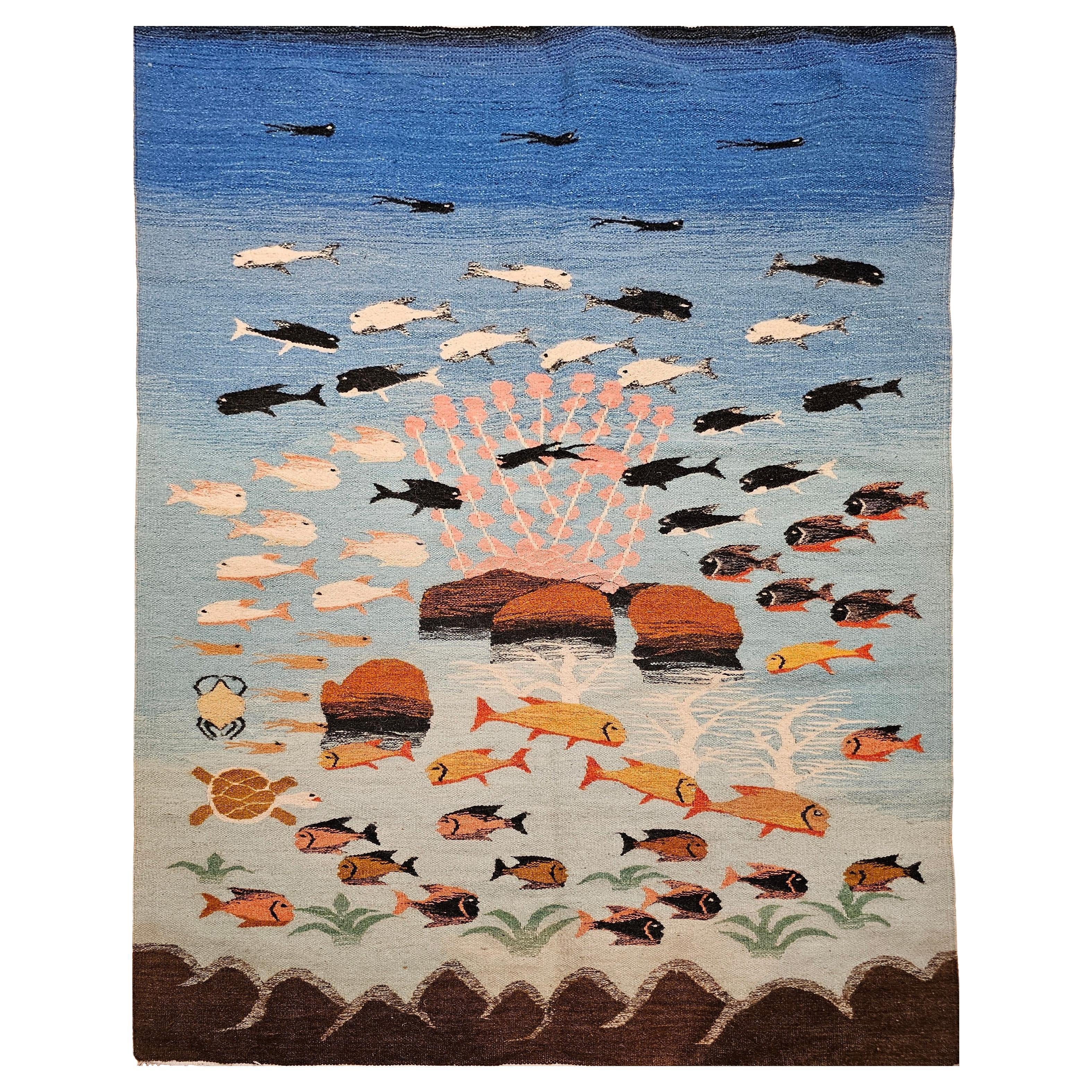Vintage Hand-Woven Kilim Area Rug, Pictorial Ocean Scene Wall Art