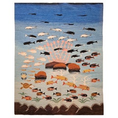 Vintage-Kelim-Teppich, handgewebt, Wandbild mit Meeresmotiv, 41” x 55”
