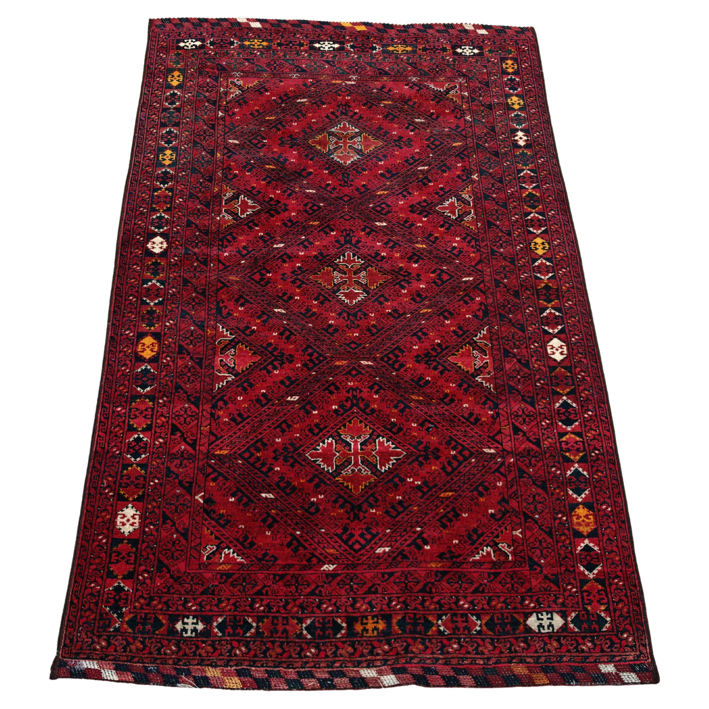 Vintage hand-woven Kunduz Rug, natural dyes, Afghanistan 1940s