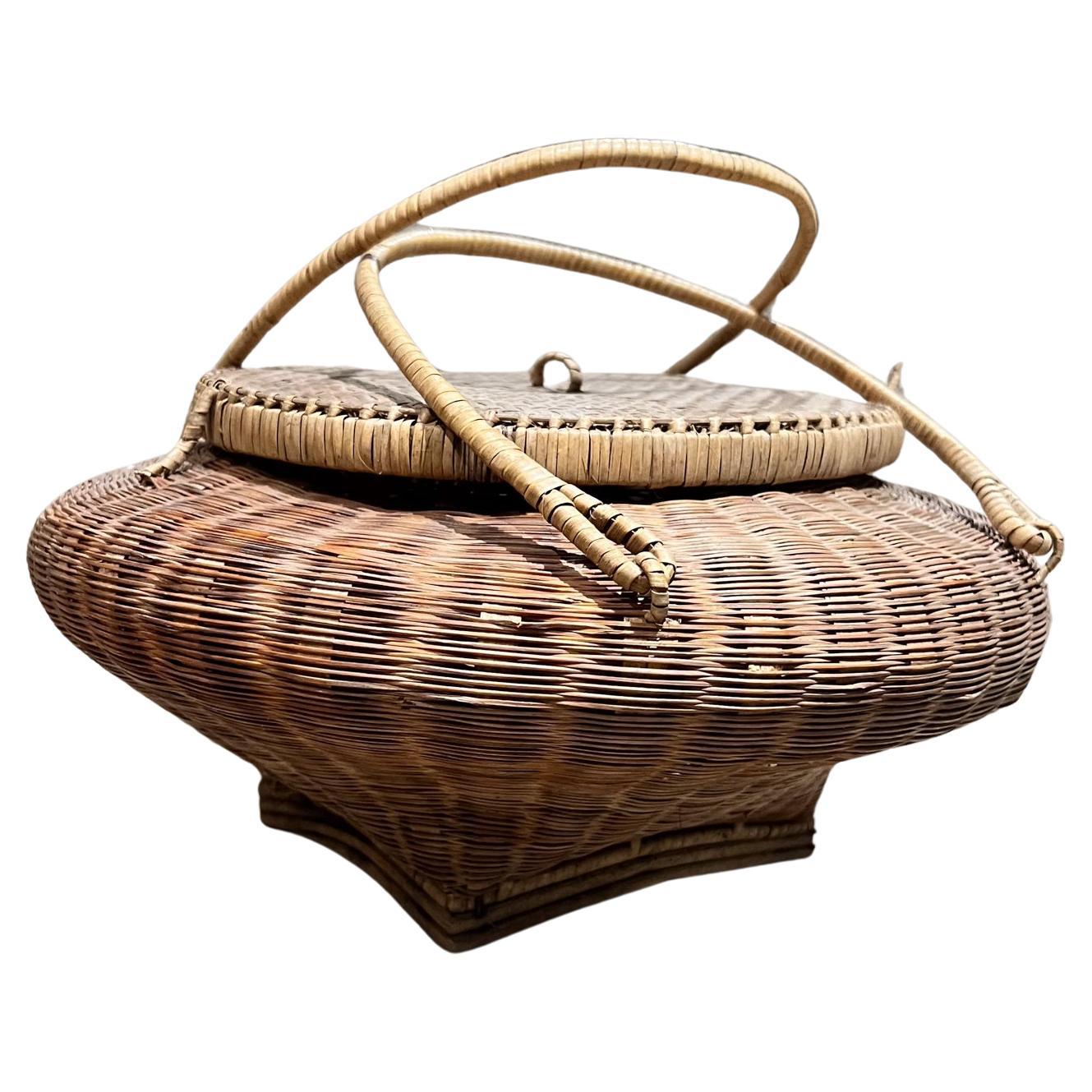 Vintage Hand-Woven Lidded Basket with Handle