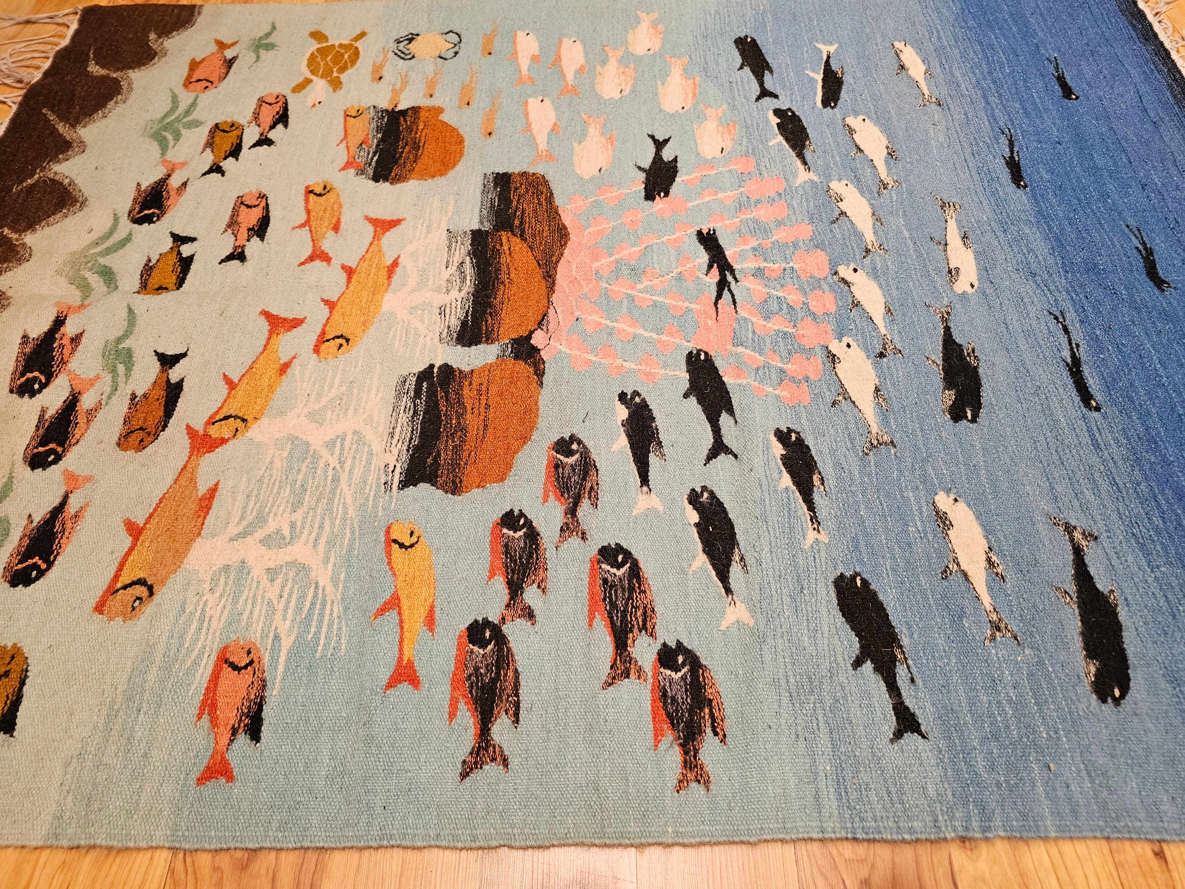 Vintage Hand-Woven Mid-Century Modern Kilim Rug – Ocean Scene Motif For Sale 8