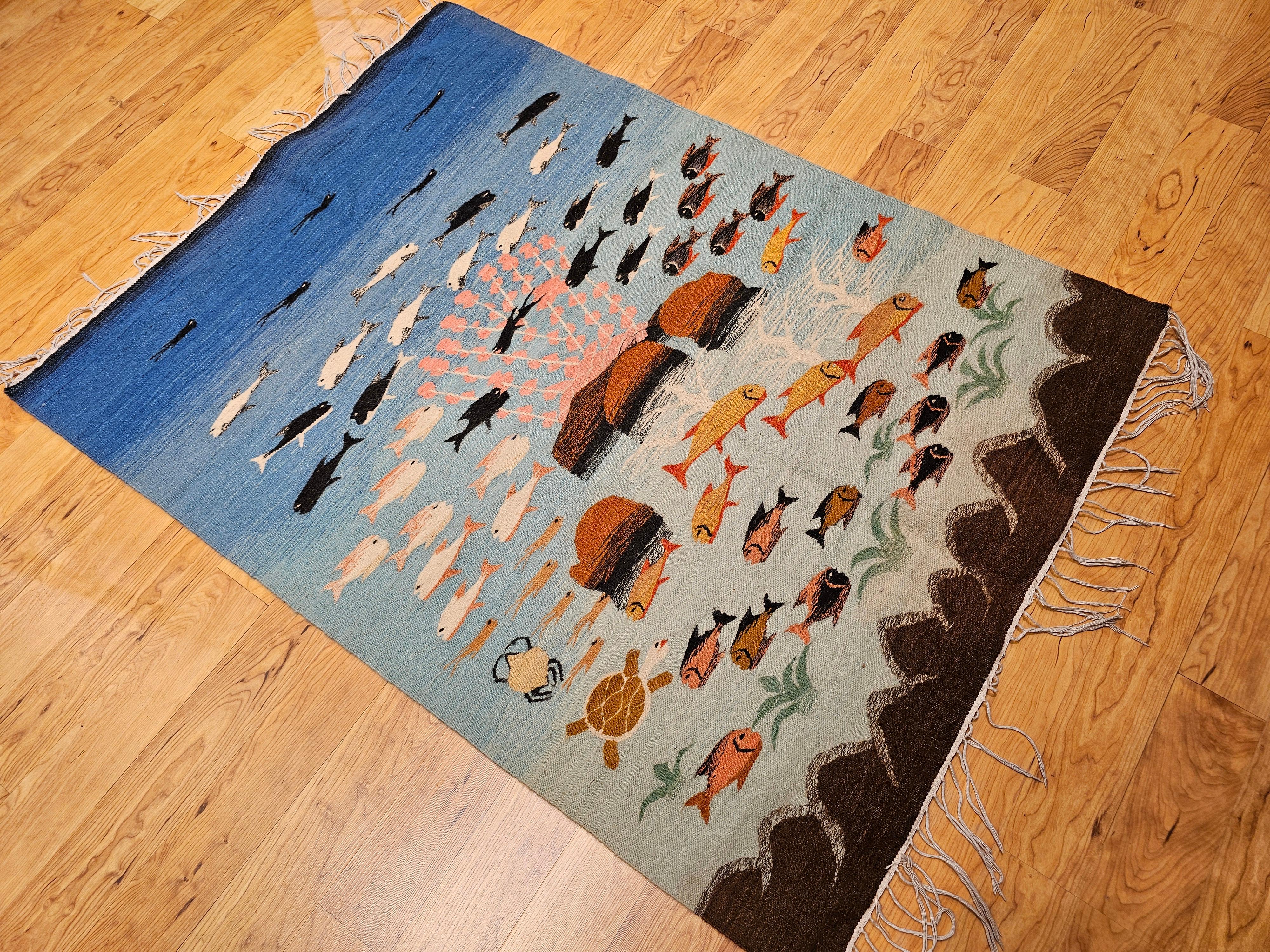 Vintage Hand-Woven Mid-Century Modern Kilim Rug – Ocean Scene Motif For Sale 9
