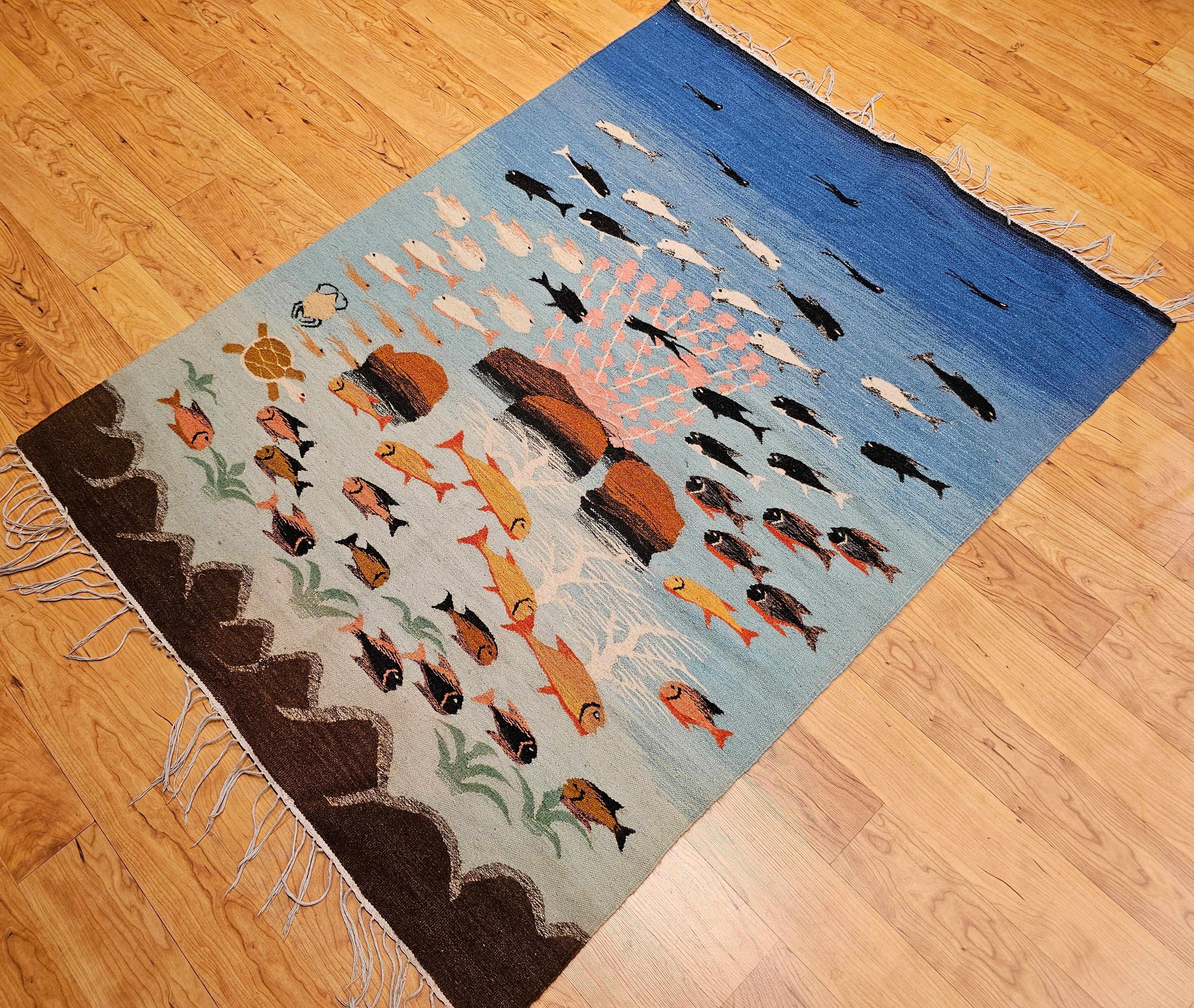 Vintage Hand-Woven Mid-Century Modern Kilim Rug – Ocean Scene Motif For Sale 11