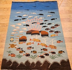 Vintage Hand-Woven Mid-Century Modern Kilim Rug – Ocean Scene Motif