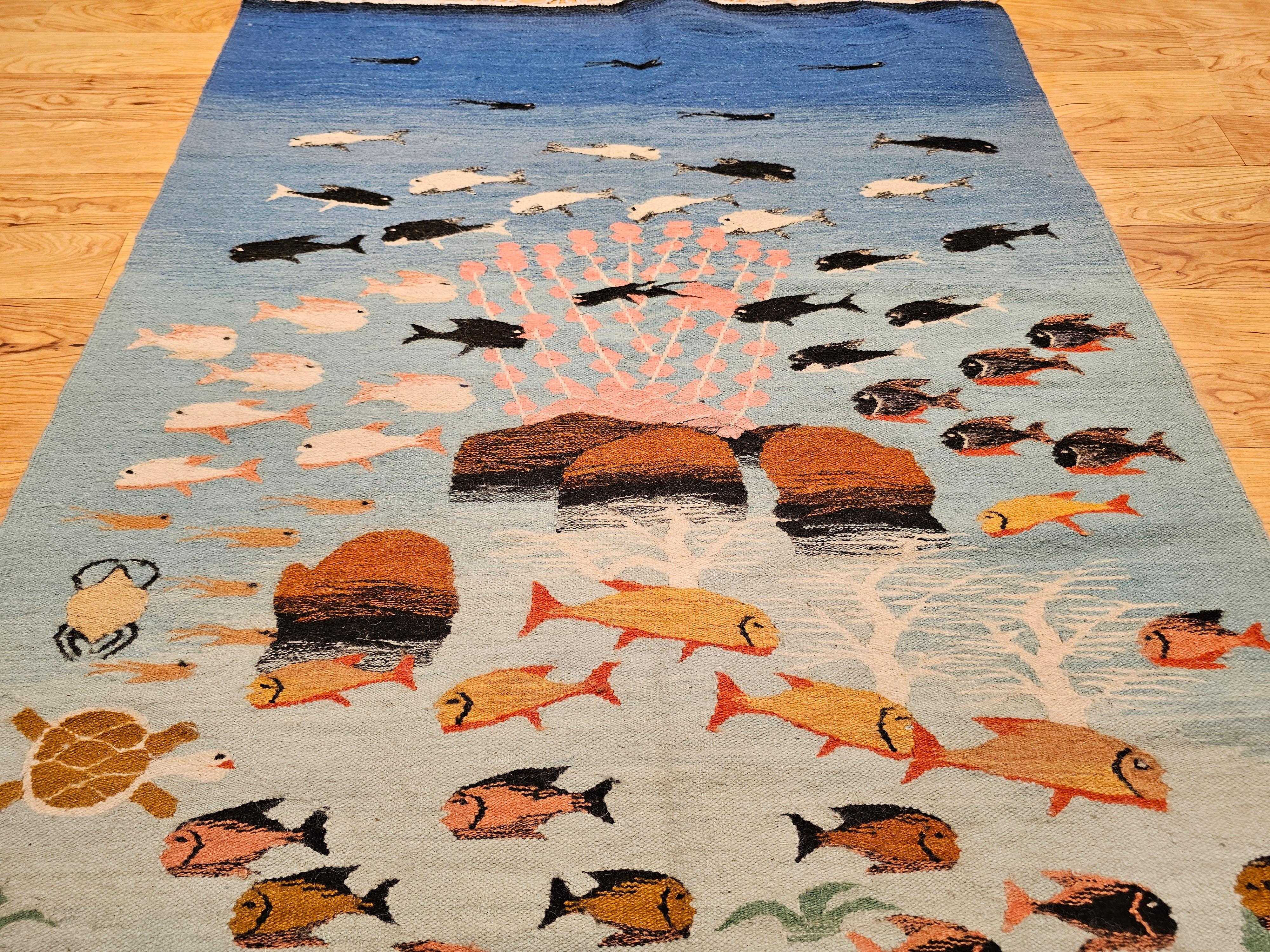 Vintage Hand-Woven Mid-Century Modern Kilim Rug – Ocean Scene Motif In Good Condition For Sale In Barrington, IL