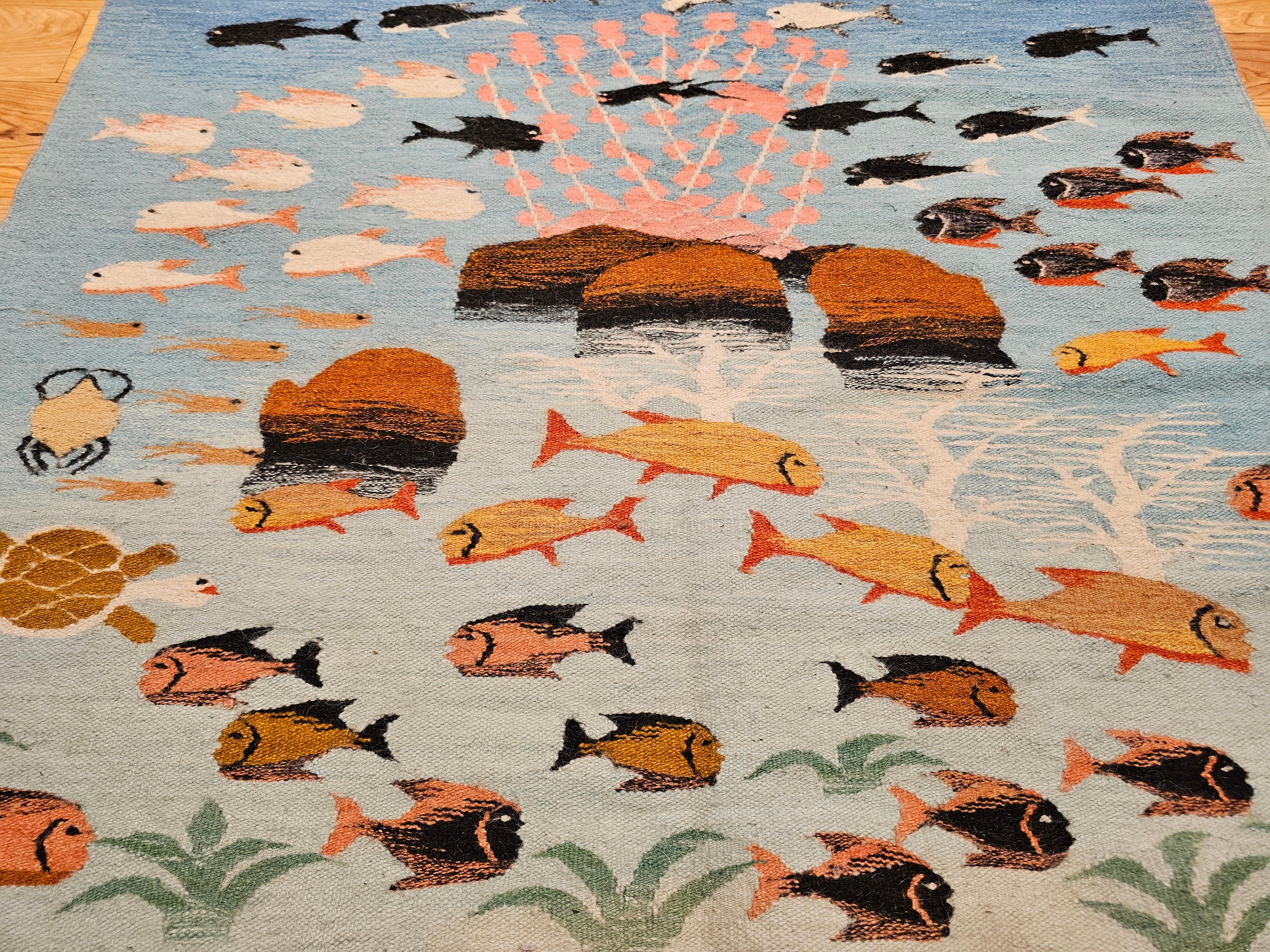 20th Century Vintage Hand-Woven Mid-Century Modern Kilim Rug – Ocean Scene Motif For Sale