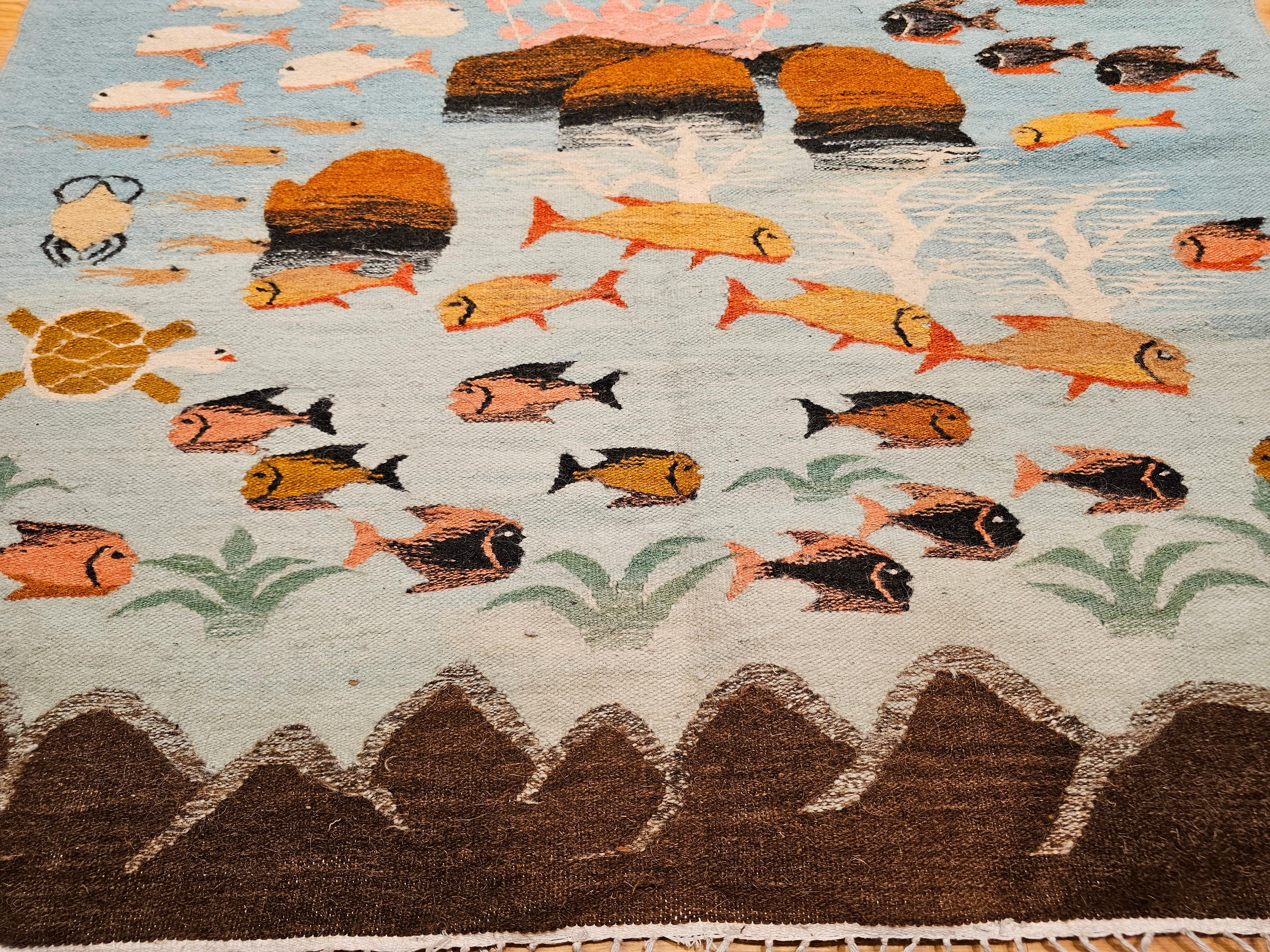 Wool Vintage Hand-Woven Mid-Century Modern Kilim Rug – Ocean Scene Motif For Sale