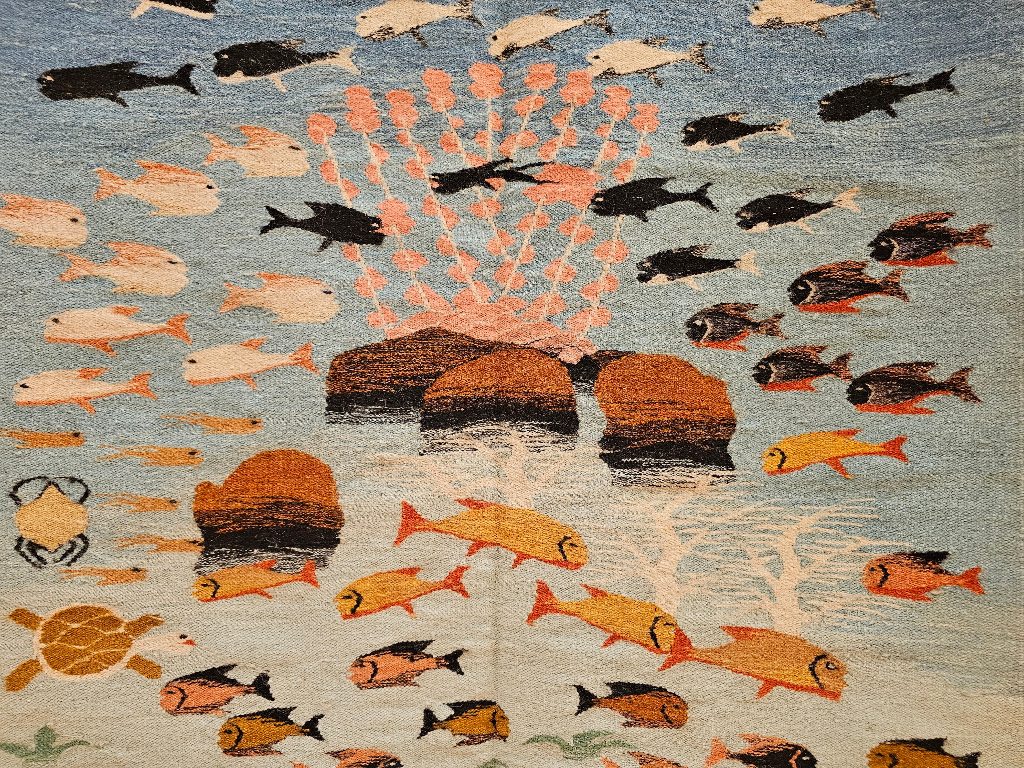 Vintage Hand-Woven Mid-Century Modern Kilim Rug – Ocean Scene Motif For Sale 1