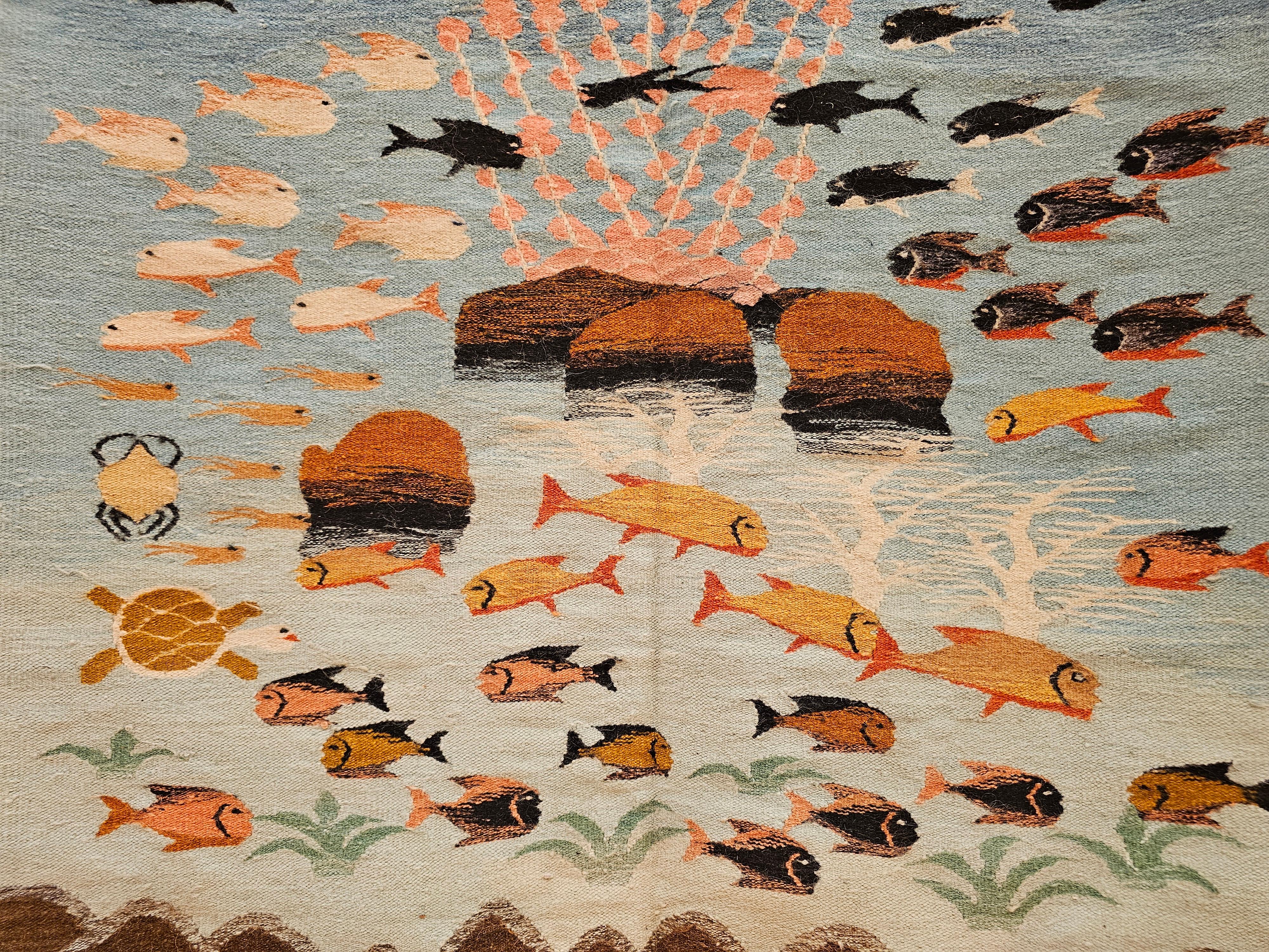 Vintage Hand-Woven Mid-Century Modern Kilim Rug – Ocean Scene Motif For Sale 2
