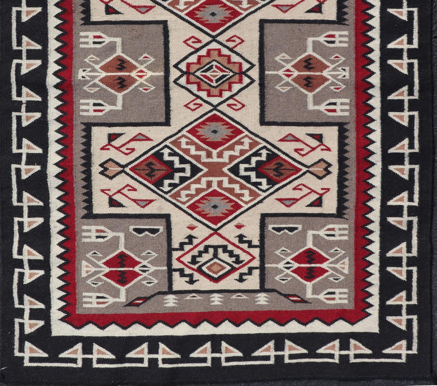 Unknown Vintage Hand Woven Navajo Design Rug in Gray, Ivory, Black, and Red For Sale