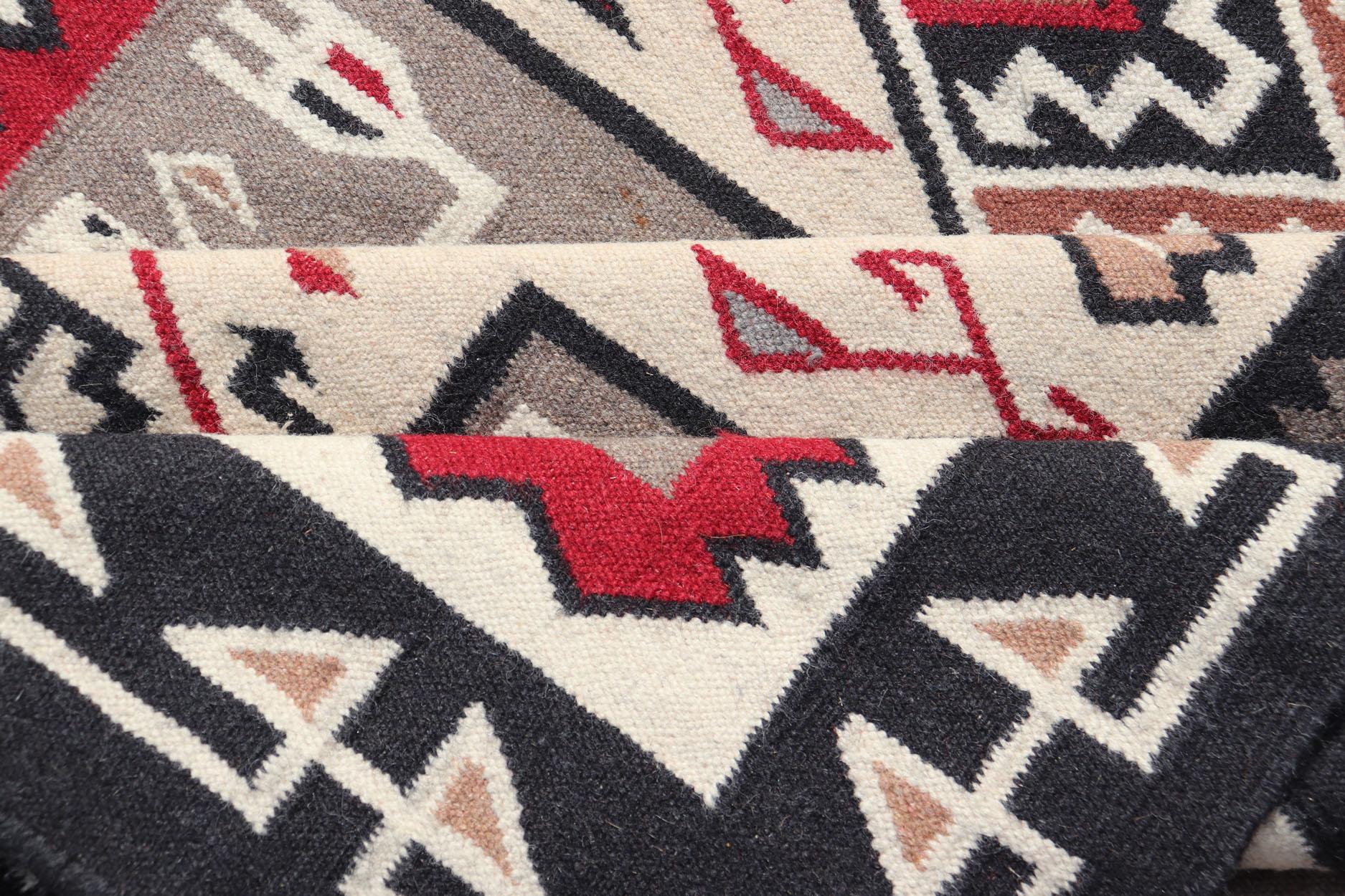 Hand-Knotted Vintage Hand Woven Navajo Design Rug in Gray, Ivory, Black, and Red For Sale