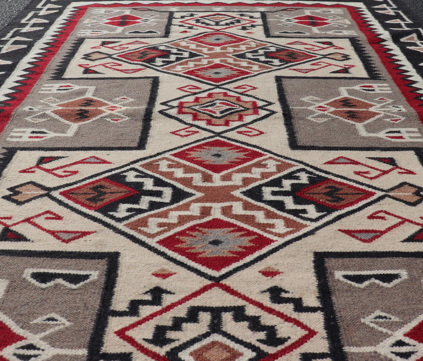 Late 20th Century Vintage Hand Woven Navajo Design Rug in Gray, Ivory, Black, and Red For Sale