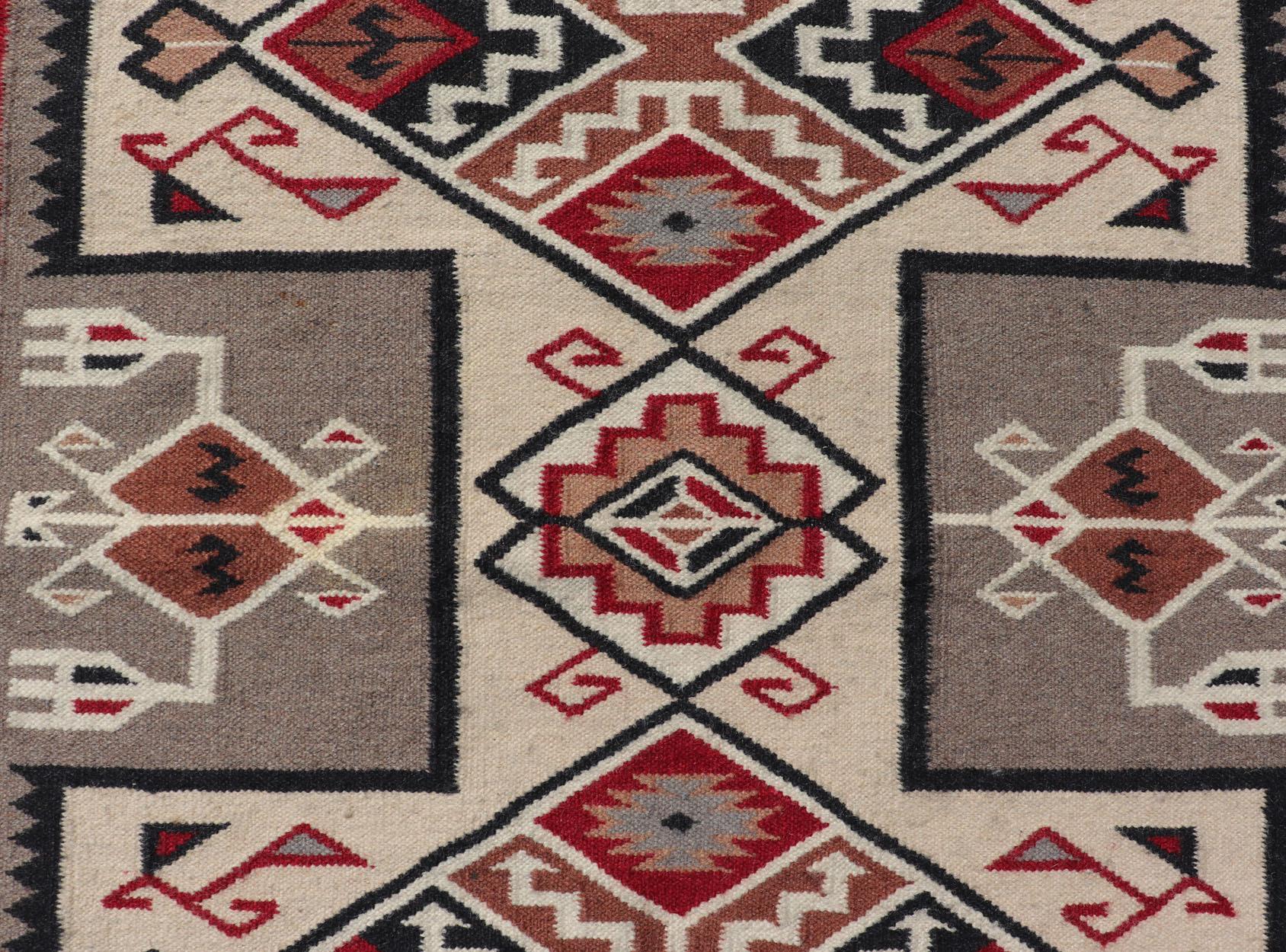 Wool Vintage Hand Woven Navajo Design Rug in Gray, Ivory, Black, and Red For Sale
