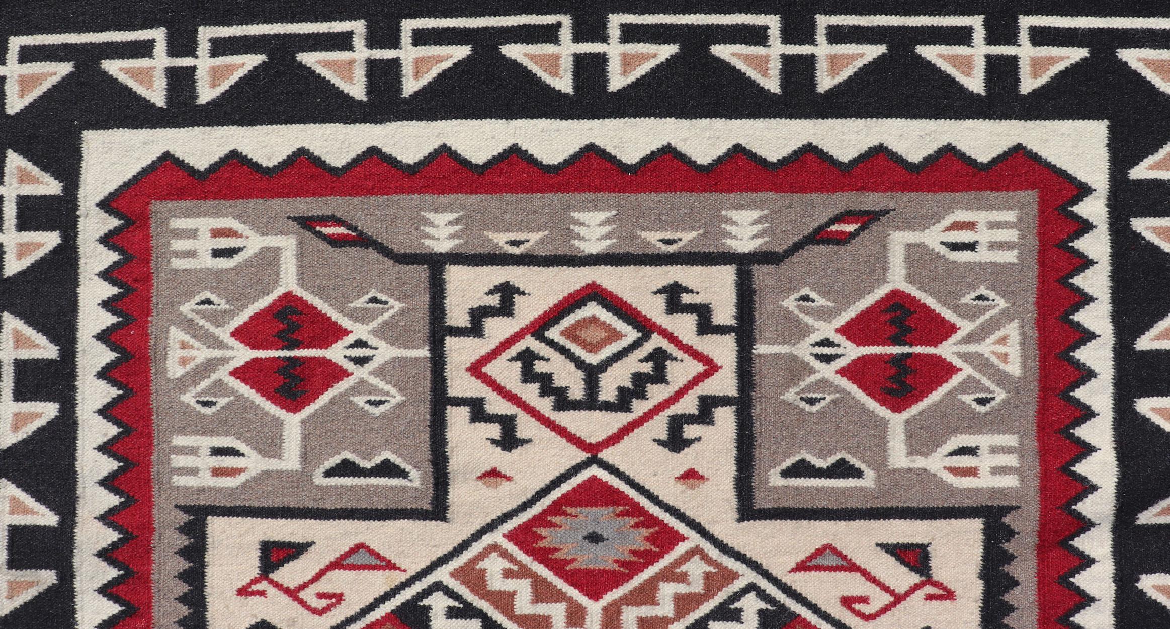 Vintage Hand Woven Navajo Design Rug in Gray, Ivory, Black, and Red For Sale 1