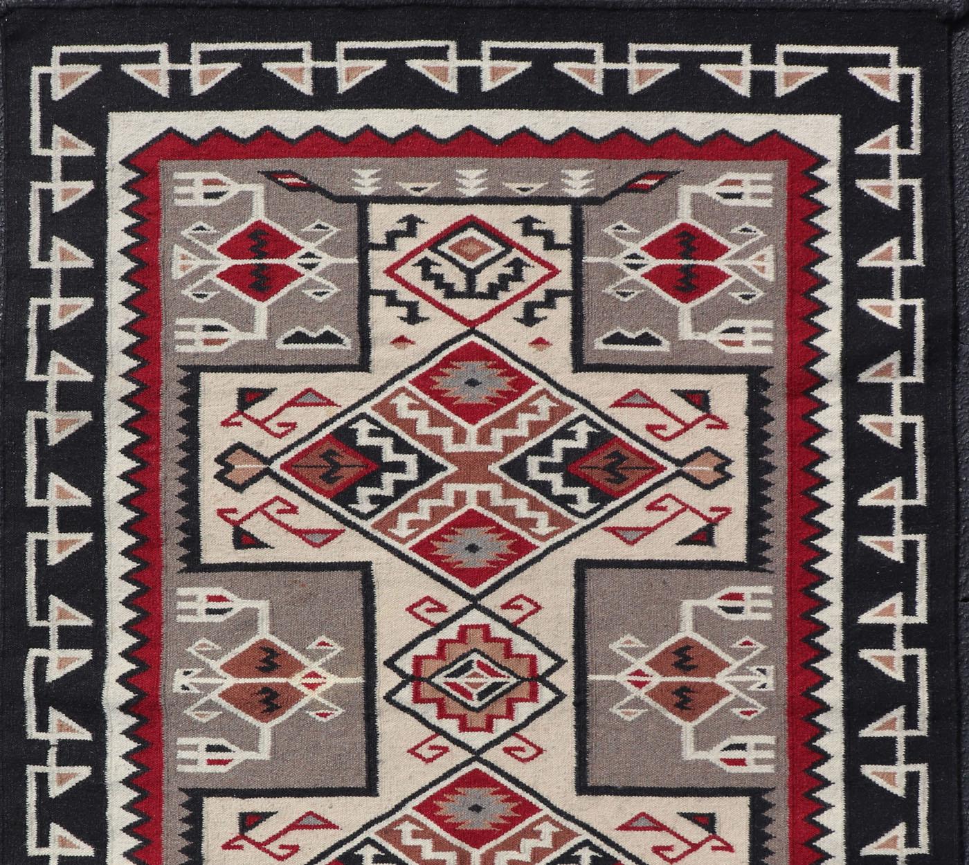 Vintage Hand Woven Navajo Design Rug in Gray, Ivory, Black, and Red For Sale 2