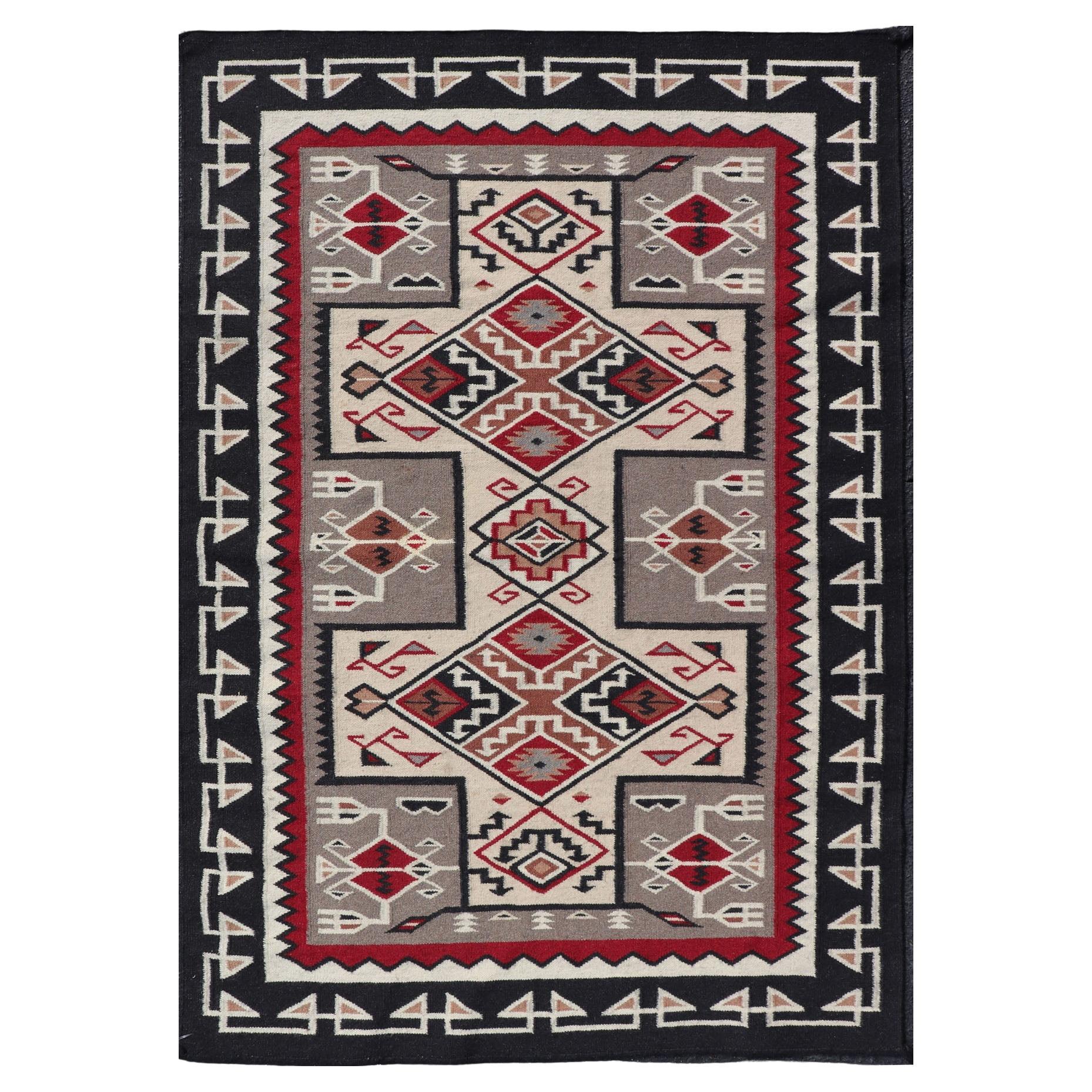 Vintage Hand Woven Navajo Design Rug in Gray, Ivory, Black, and Red