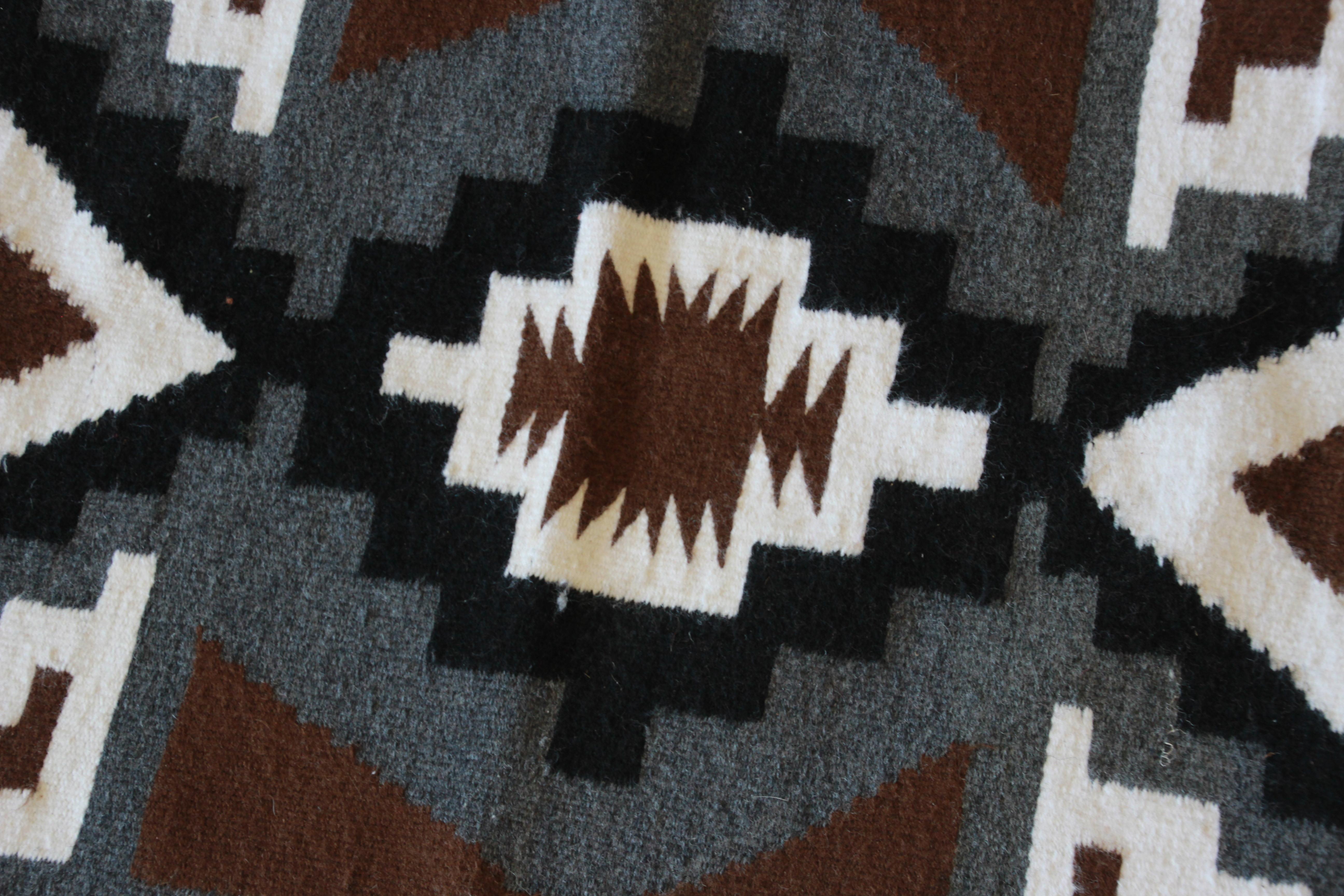 American Vintage Hand-Woven Navajo Rug in Black, White, Brown, and Gray, Circa 1950s For Sale