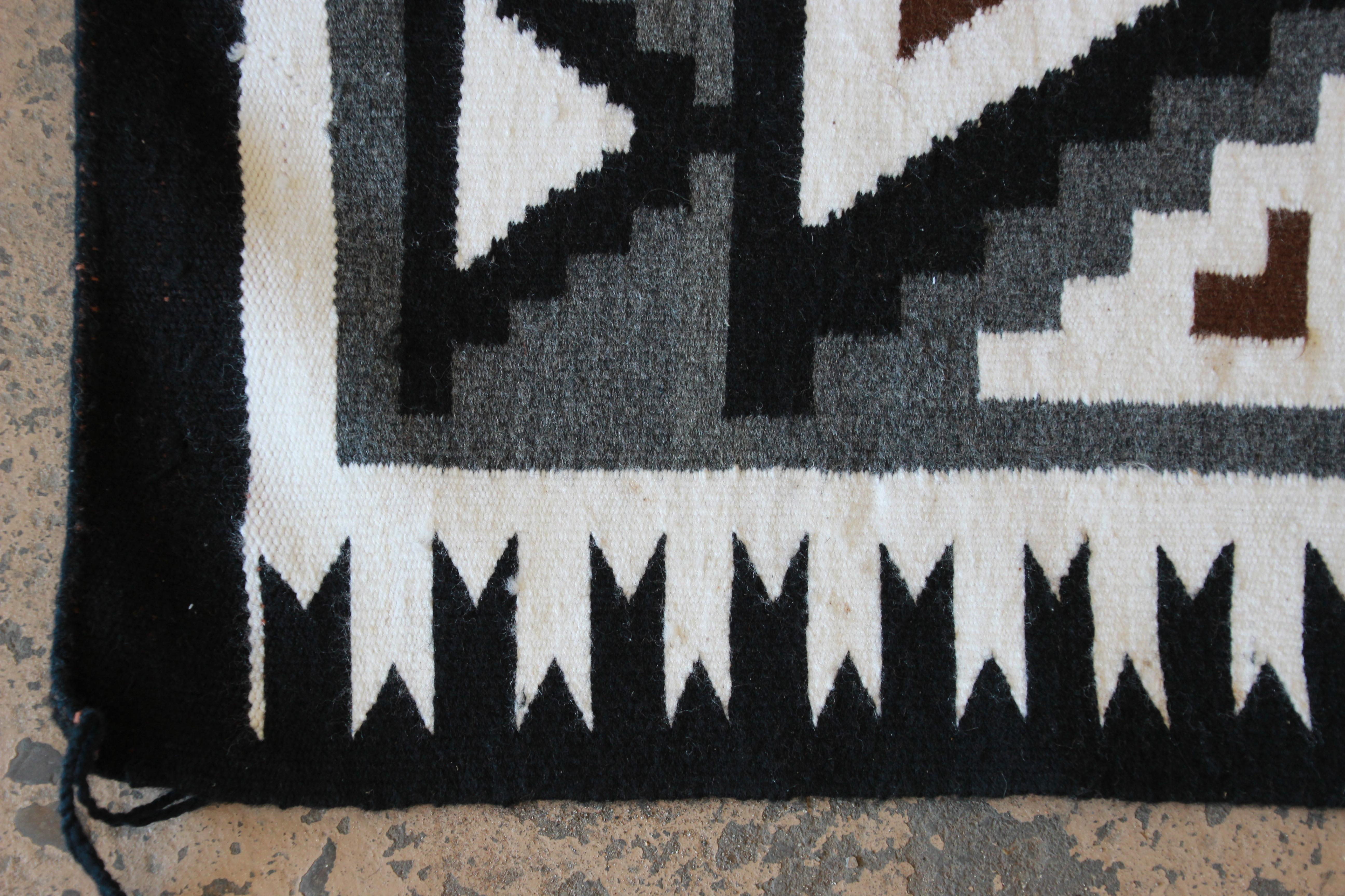 Wool Vintage Hand-Woven Navajo Rug in Black, White, Brown, and Gray, Circa 1950s For Sale