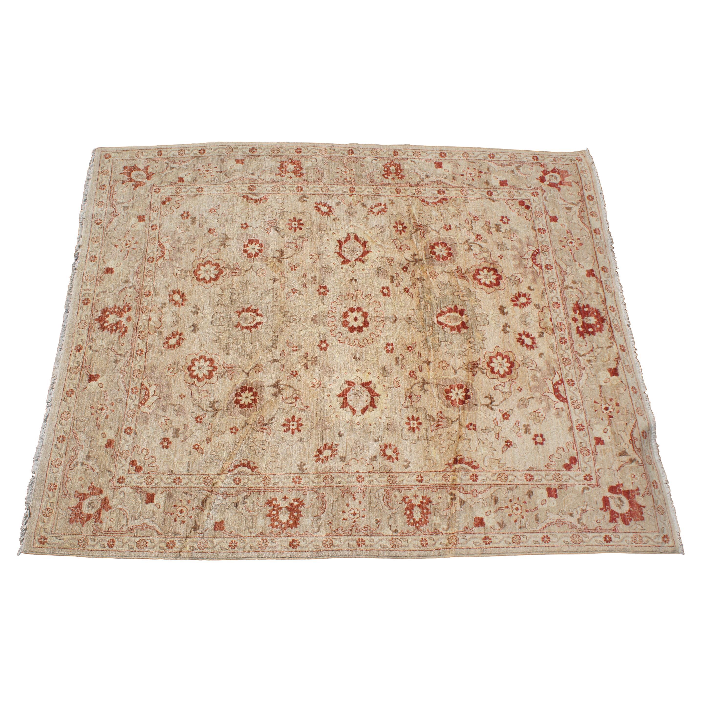 Hand Woven Pakistani Peshawar Red & Beige Floral Carpet Wool Area Rug 8' x 10' For Sale