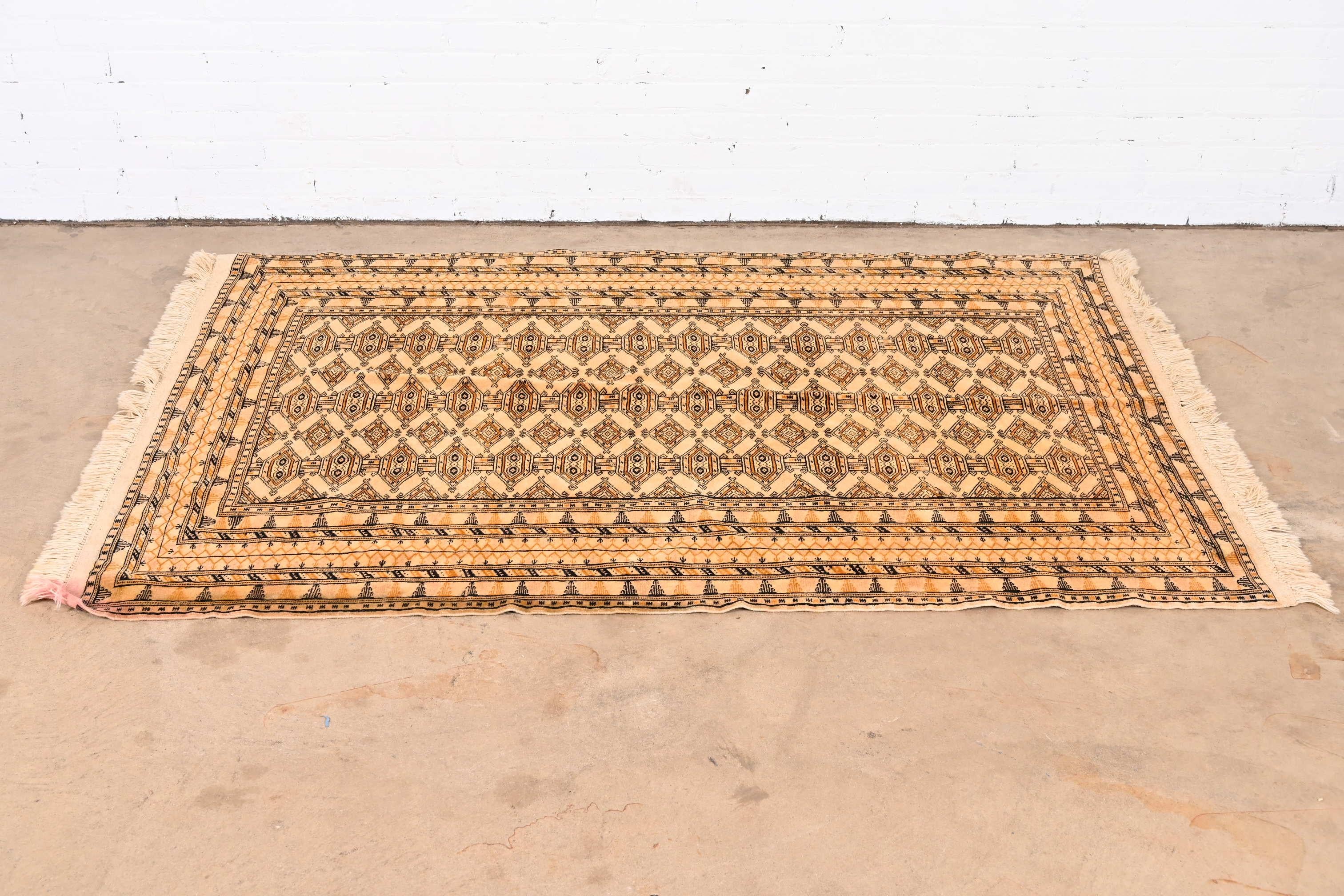 Tribal Vintage Hand-Woven Persian Bokhara Wool Rug in Gold and Black