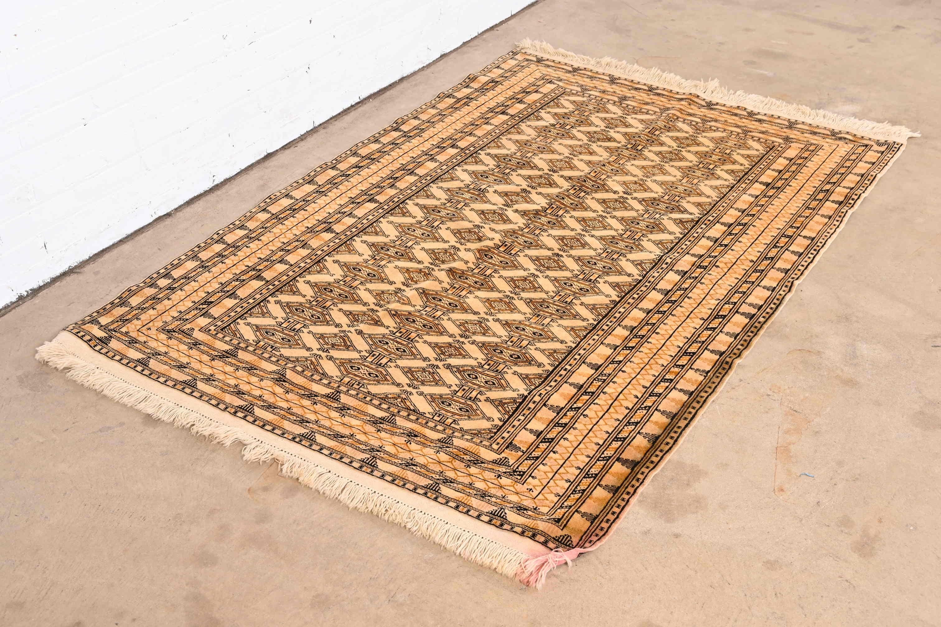 Vintage Hand-Woven Persian Bokhara Wool Rug in Gold and Black In Good Condition In South Bend, IN