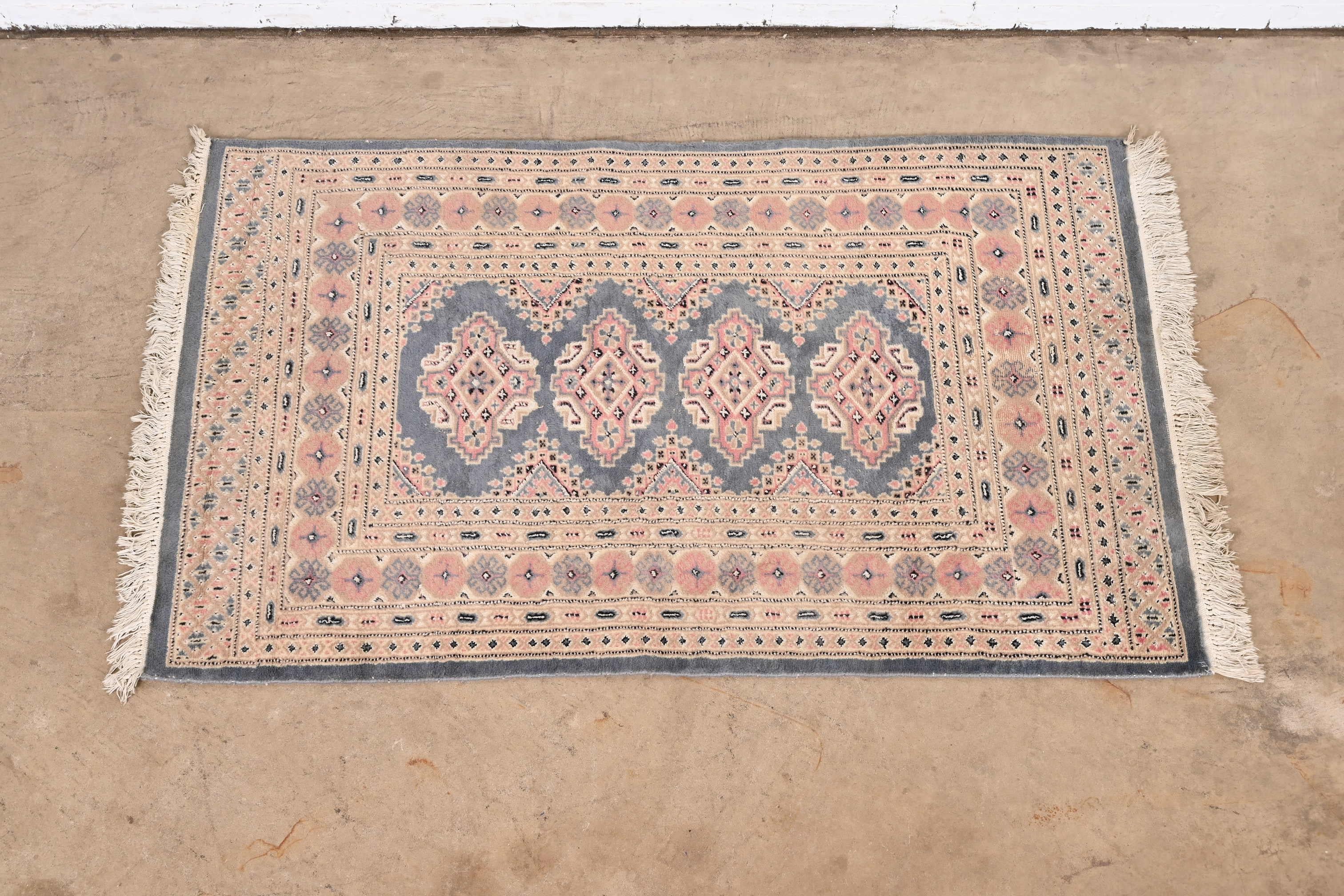 20th Century Vintage Hand-Woven Persian Bokhara Wool Rug in Light Blue, Pink, and Cream