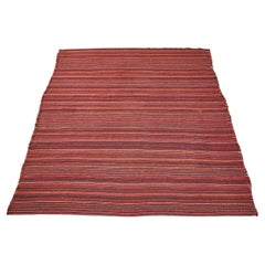 Vintage Hand-Woven Red Striped Rug with Blue Tones, West Asia, 20th Century