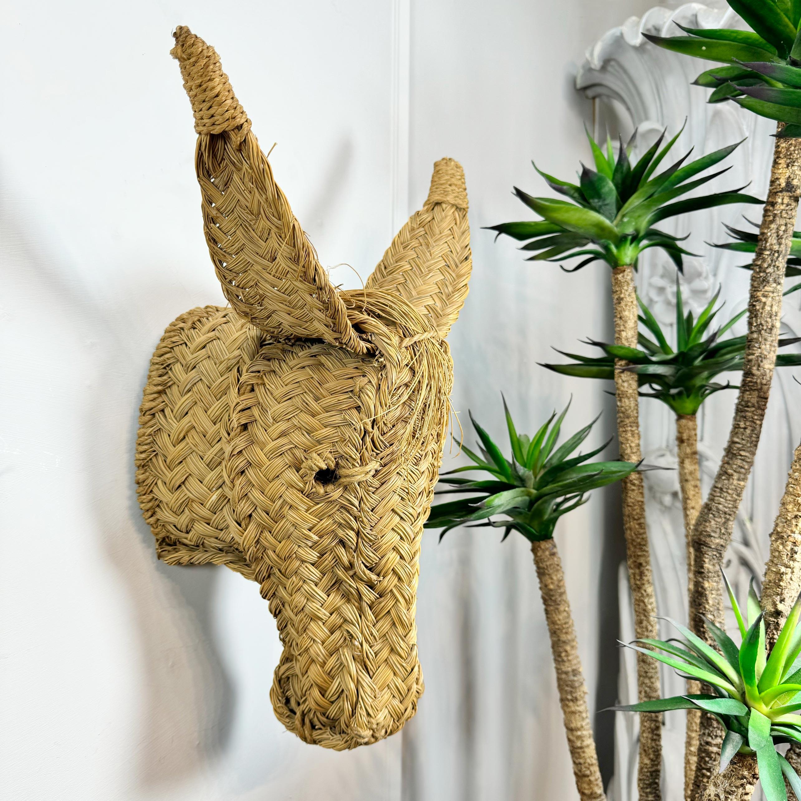 A delightful 1970's wall mounted Spanish Donkey Head, hand woven in Esparto grass these fabulous items were crafted for tourists and not many have survived the test of time.

Height 47 cm x Depth 21 cm x Width 34 cm