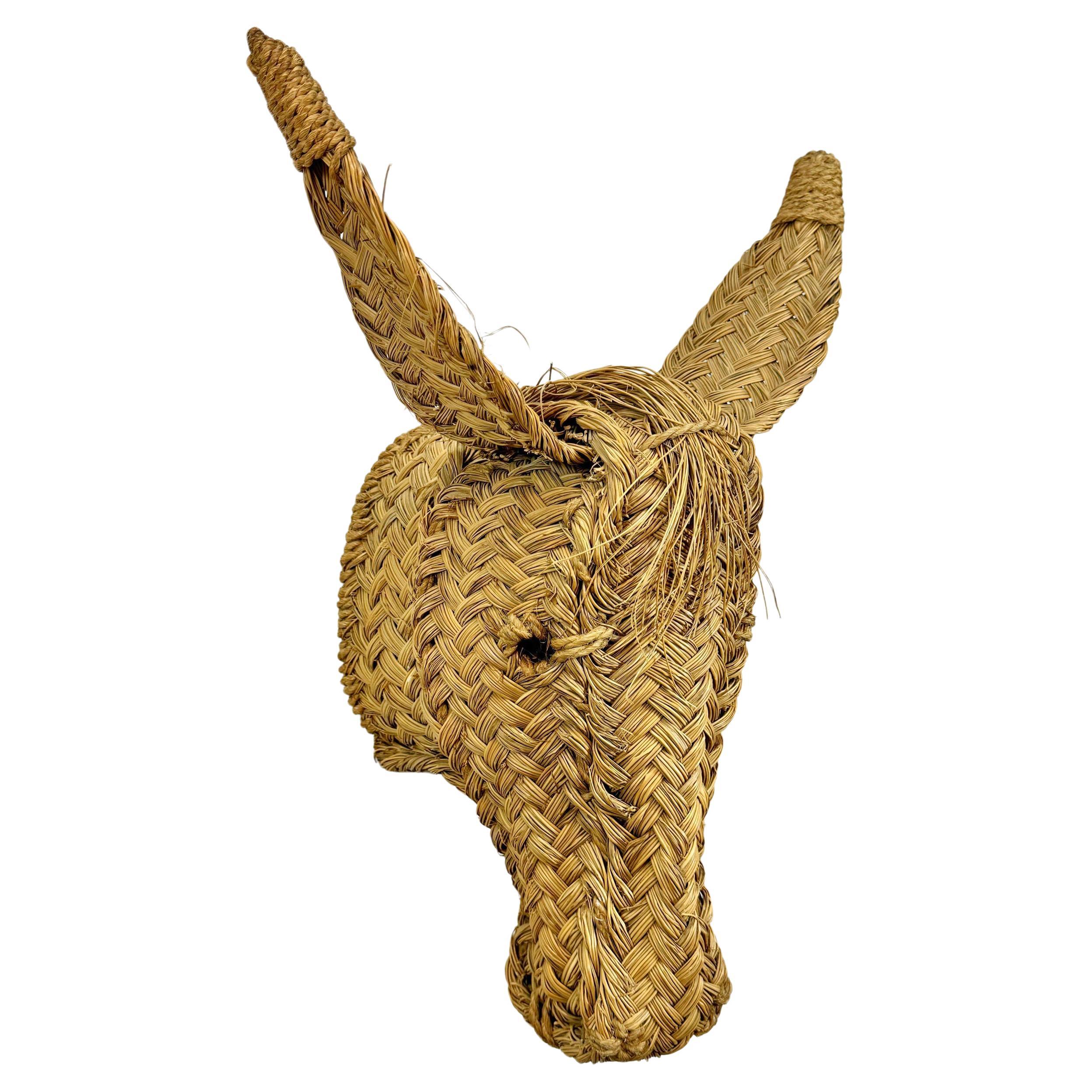 Vintage Hand Woven Spanish Donkey Head Wall Mount 1970's For Sale