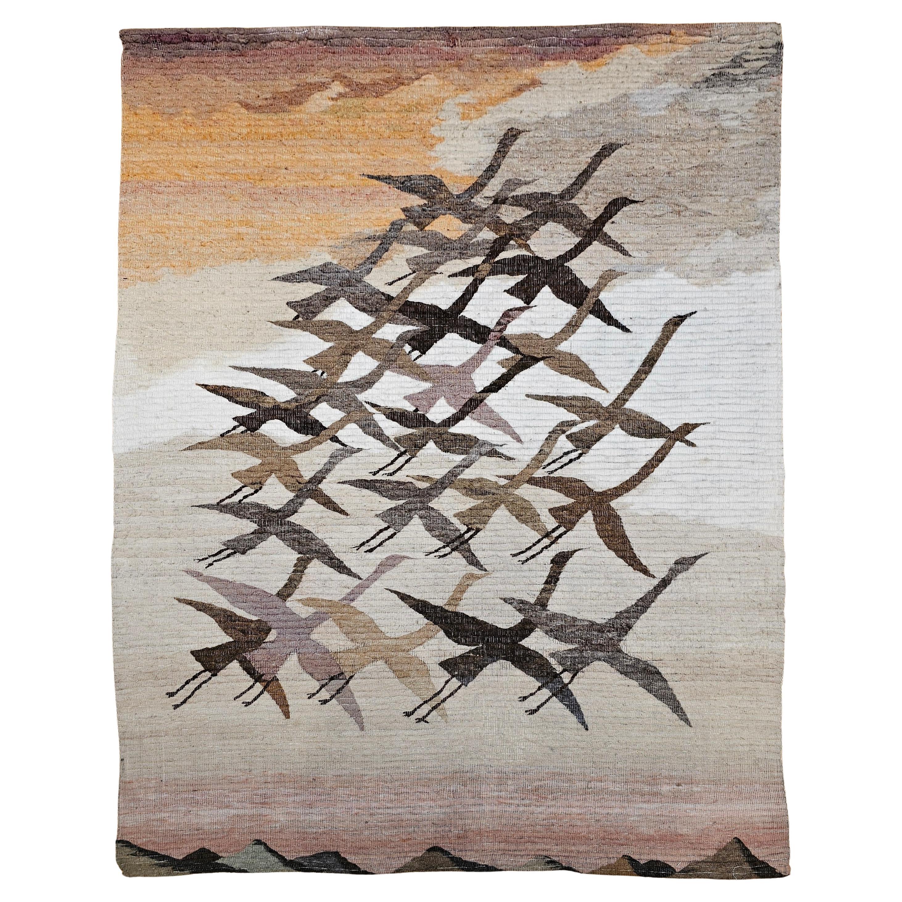 Vintage Hand-Woven Tapestry - Flock of Migrating Flying Cranes im Angebot