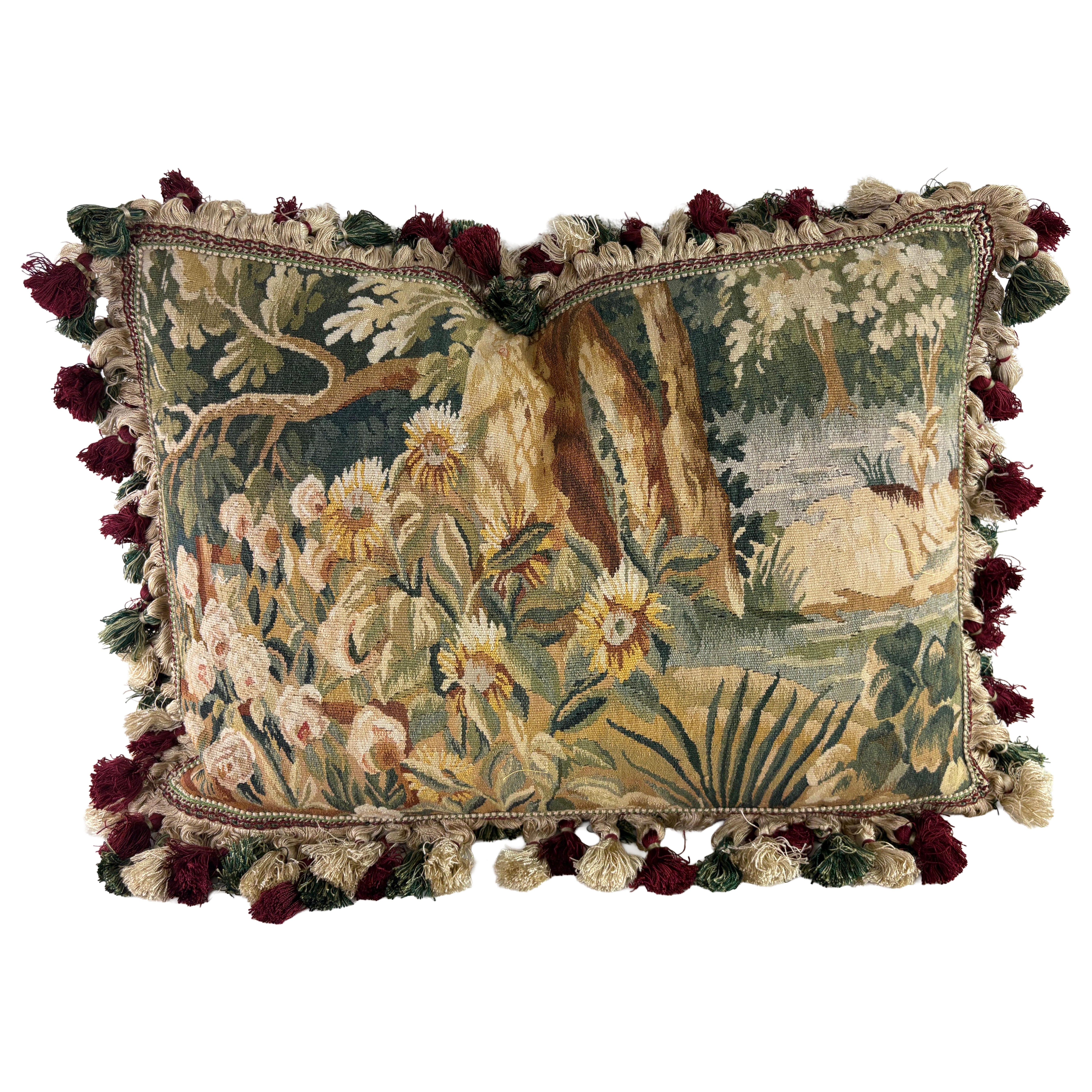 Vintage hand woven tasseled Aubusson tapestry pillow