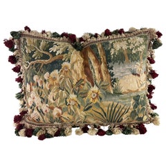 Vintage hand woven tasseled Aubusson tapestry pillow