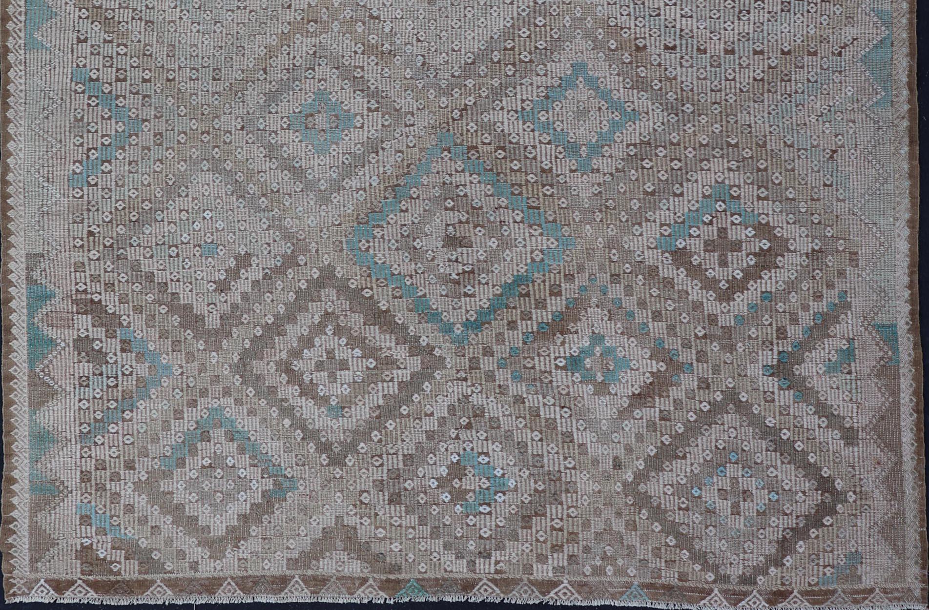 Hand-Knotted  Vintage Hand Woven Turkish Embroidered Flat-Weave Rug with Geometric Design For Sale