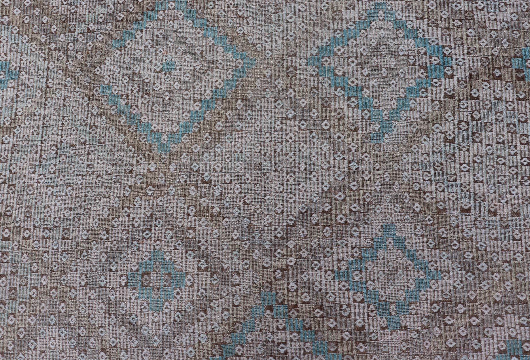 Wool  Vintage Hand Woven Turkish Embroidered Flat-Weave Rug with Geometric Design For Sale