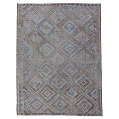  Vintage Hand Woven Turkish Embroidered Flat-Weave Rug with Geometric Design