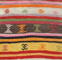 Vintage Hand Woven Turkish Kilim Colorful Stripe Runner with Tribal Motifs