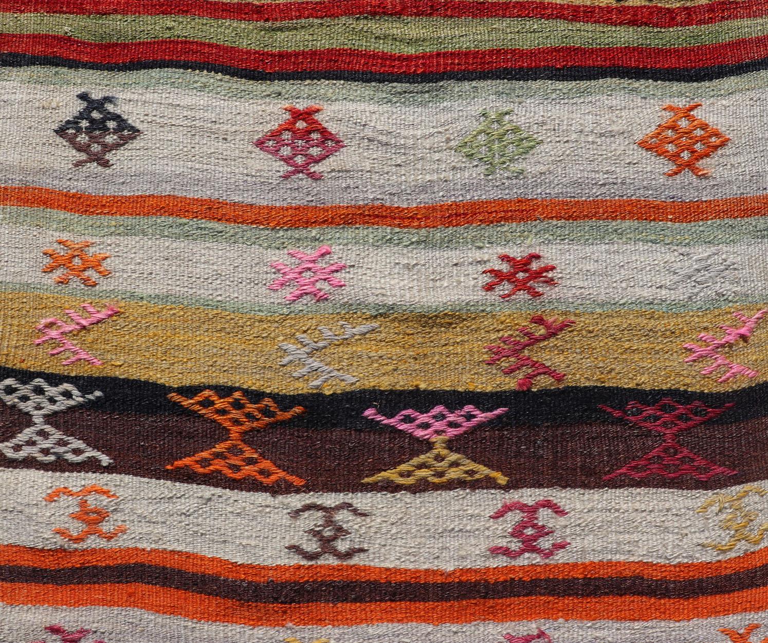 Hand-Woven Vintage Hand Woven Turkish Kilim Colorful Stripe Runner with Tribal Motifs For Sale