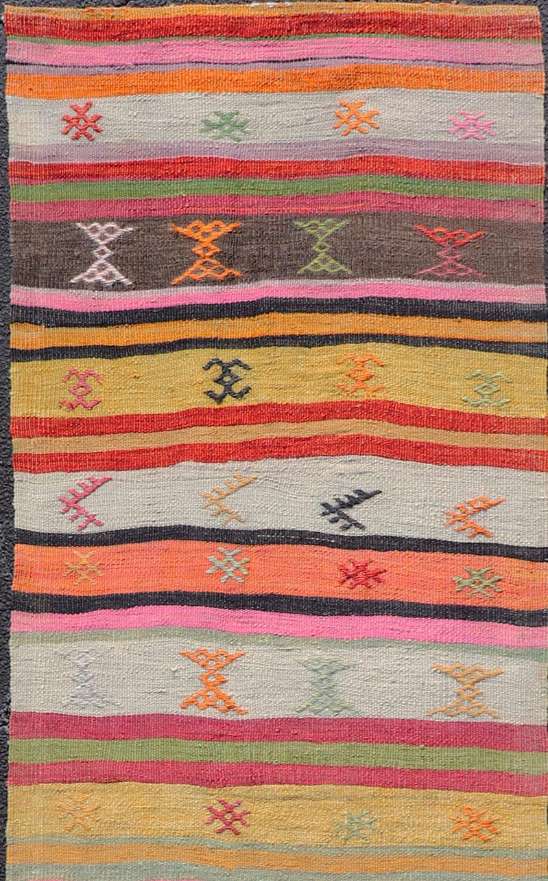 Vintage Hand Woven Turkish Kilim Colorful Stripe Runner with Tribal Motifs In Good Condition For Sale In Atlanta, GA