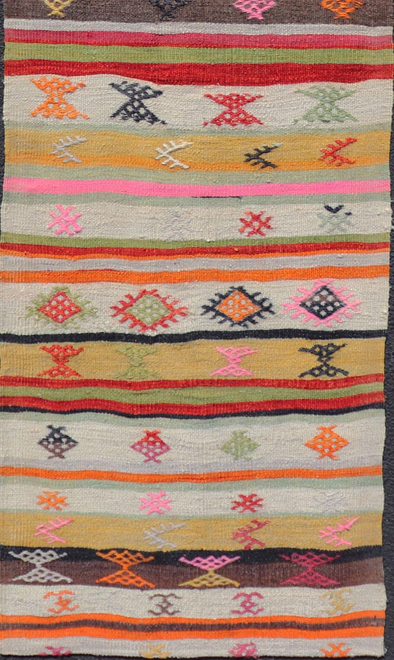 20th Century Vintage Hand Woven Turkish Kilim Colorful Stripe Runner with Tribal Motifs For Sale