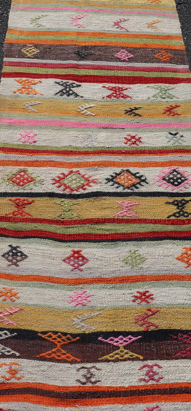 Vintage Hand Woven Turkish Kilim Colorful Stripe Runner with Tribal Motifs For Sale 1