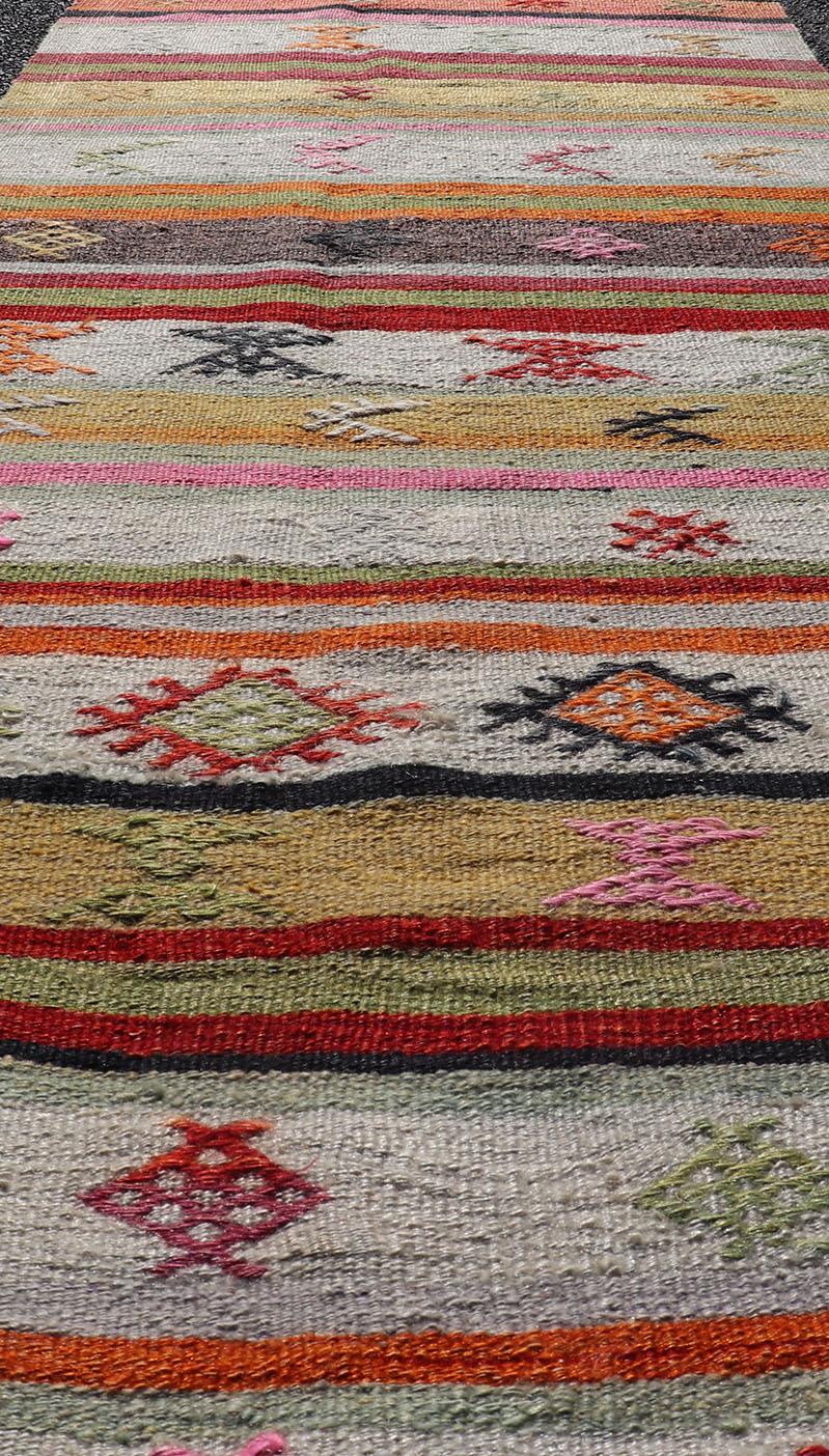 Vintage Hand Woven Turkish Kilim Colorful Stripe Runner with Tribal Motifs For Sale 2