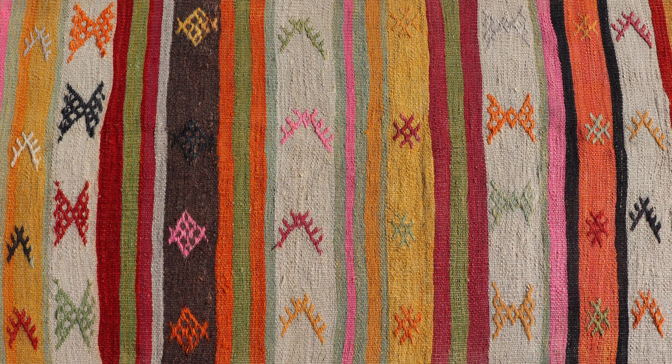 Vintage Hand Woven Turkish Kilim Colorful Stripe Runner with Tribal Motifs For Sale 3