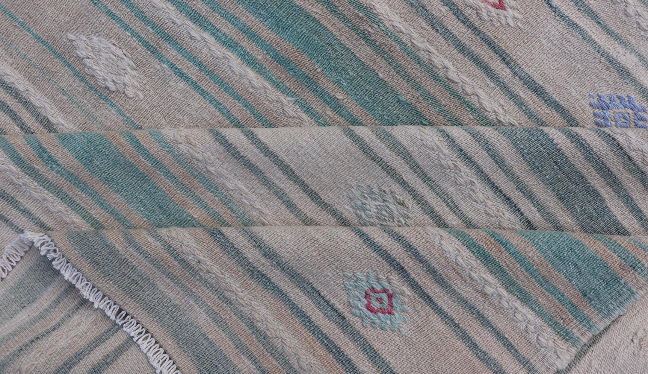 Vintage Hand-Woven Turkish Kilim Gallery Rug in Wool with All-Over Stripe Design For Sale 6