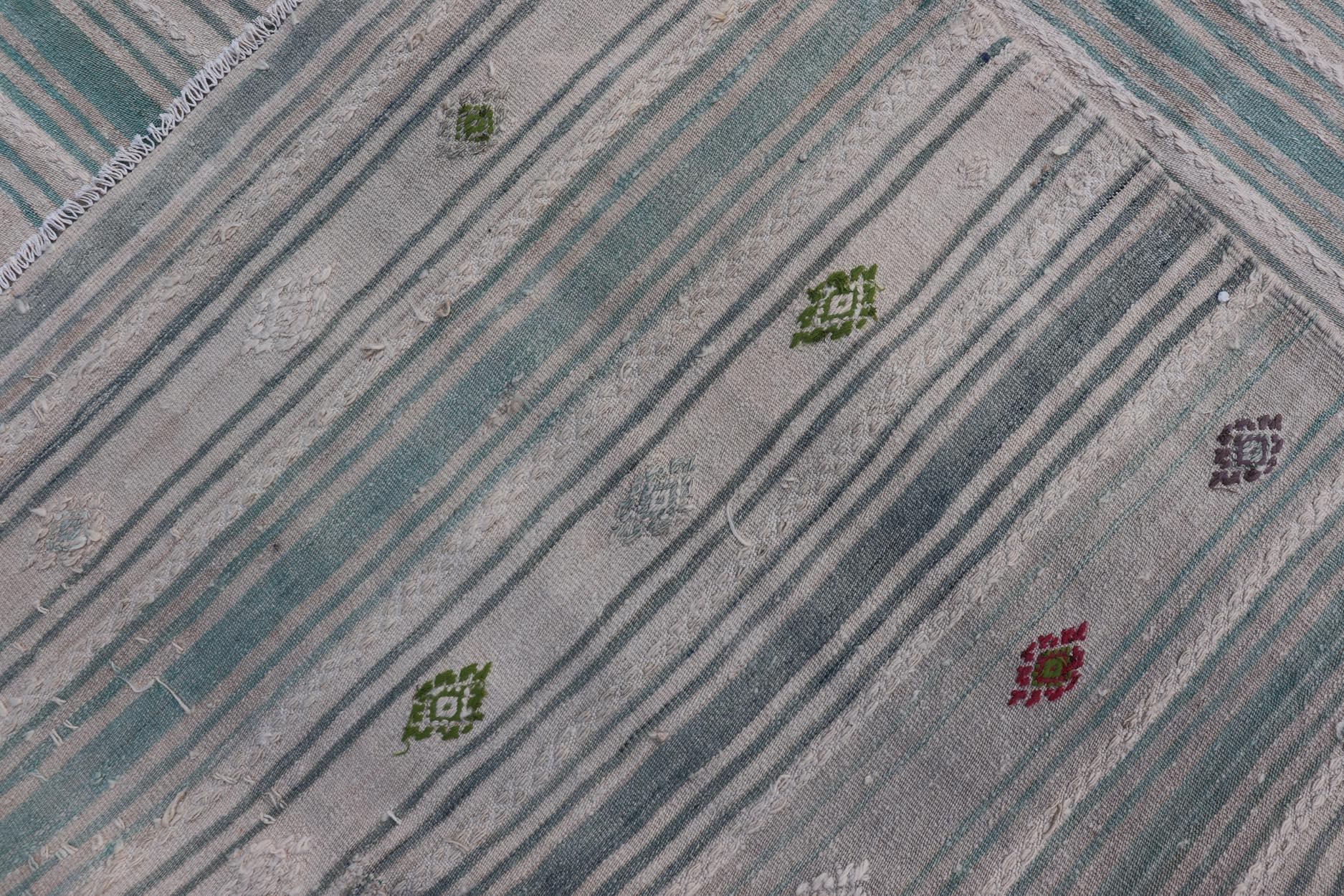 Vintage Hand-Woven Turkish Kilim Gallery Rug in Wool with All-Over Stripe Design For Sale 7