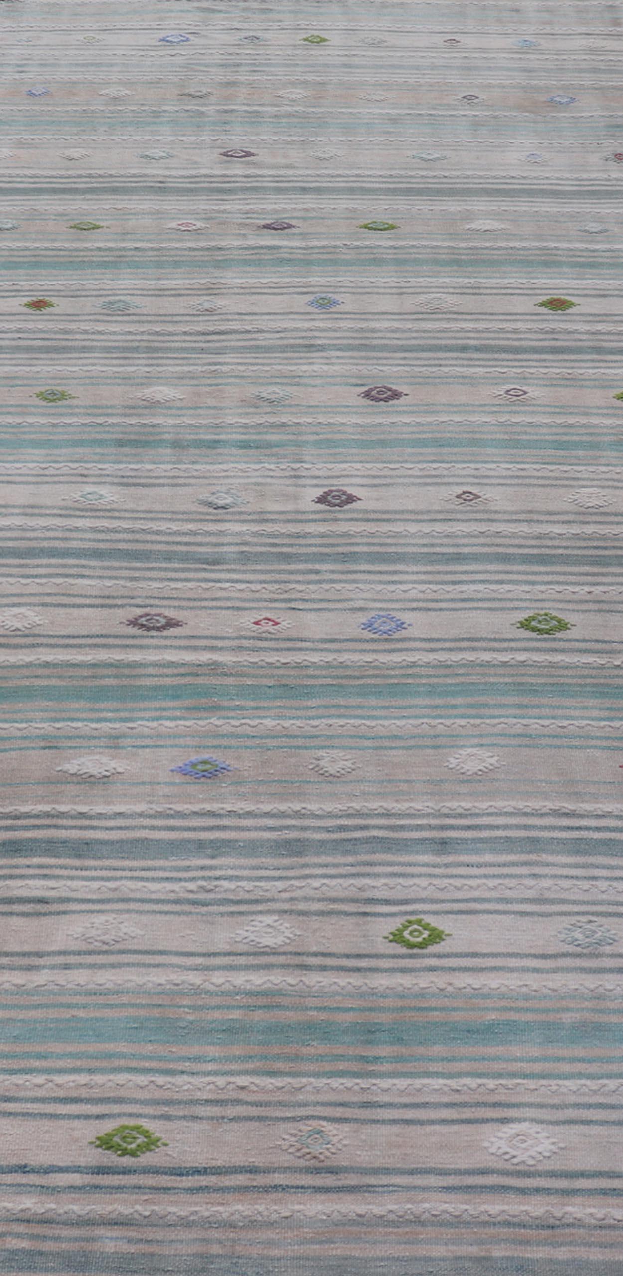 Vintage Hand-Woven Turkish Kilim Gallery Rug in Wool with All-Over Stripe Design For Sale 4