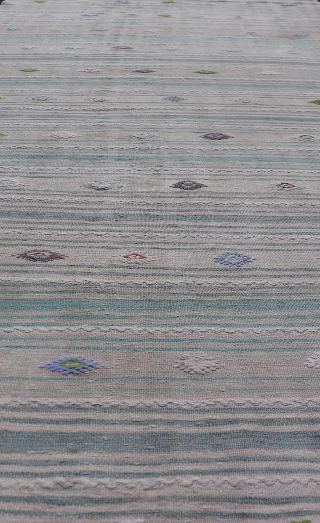 Vintage Hand-Woven Turkish Kilim Gallery Rug in Wool with All-Over Stripe Design For Sale 5