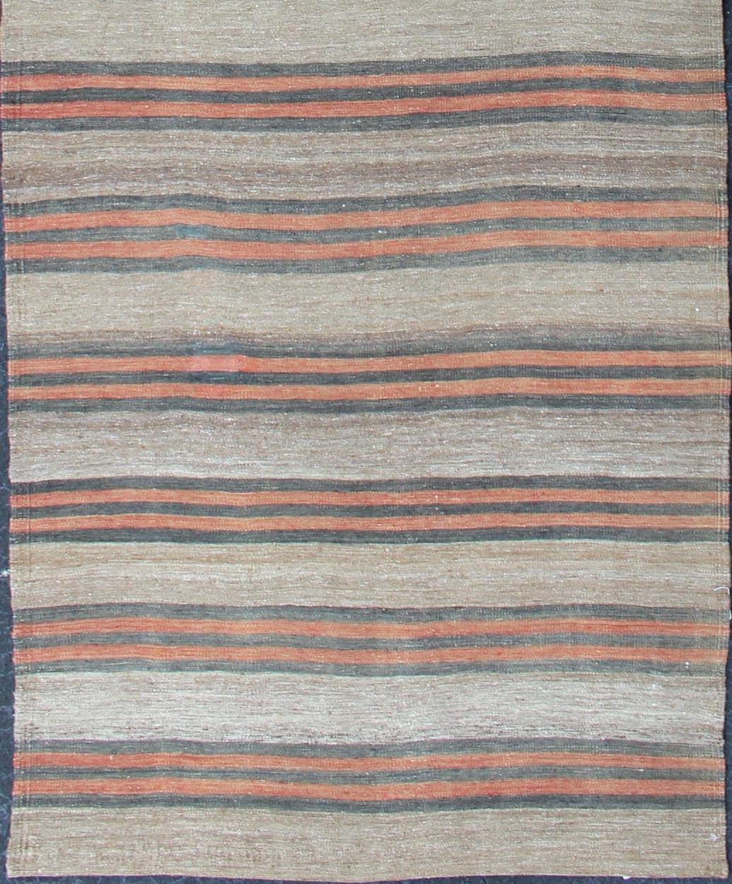 Hand-Woven Vintage Hand Woven Turkish Kilim Runner with Stripe and Modern Design  For Sale