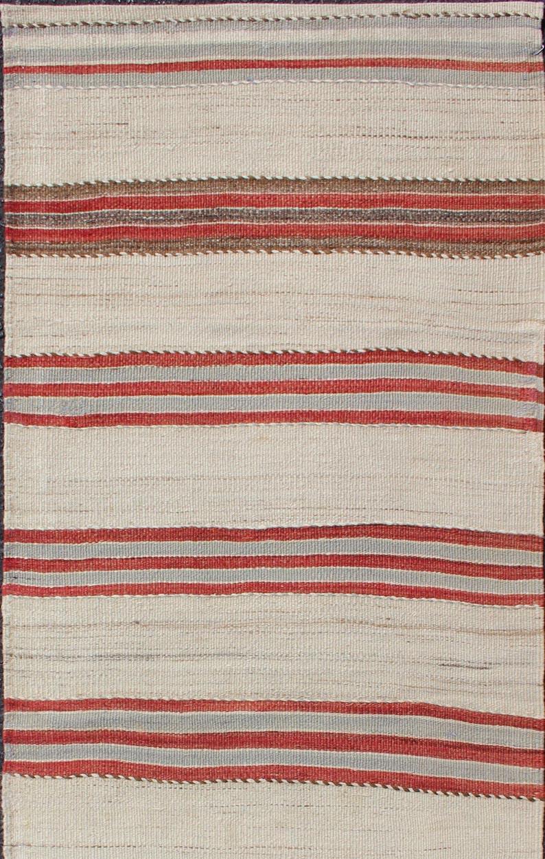 20th Century Vintage Hand Woven Turkish Kilim Runner with Stripe and Modern Design  For Sale
